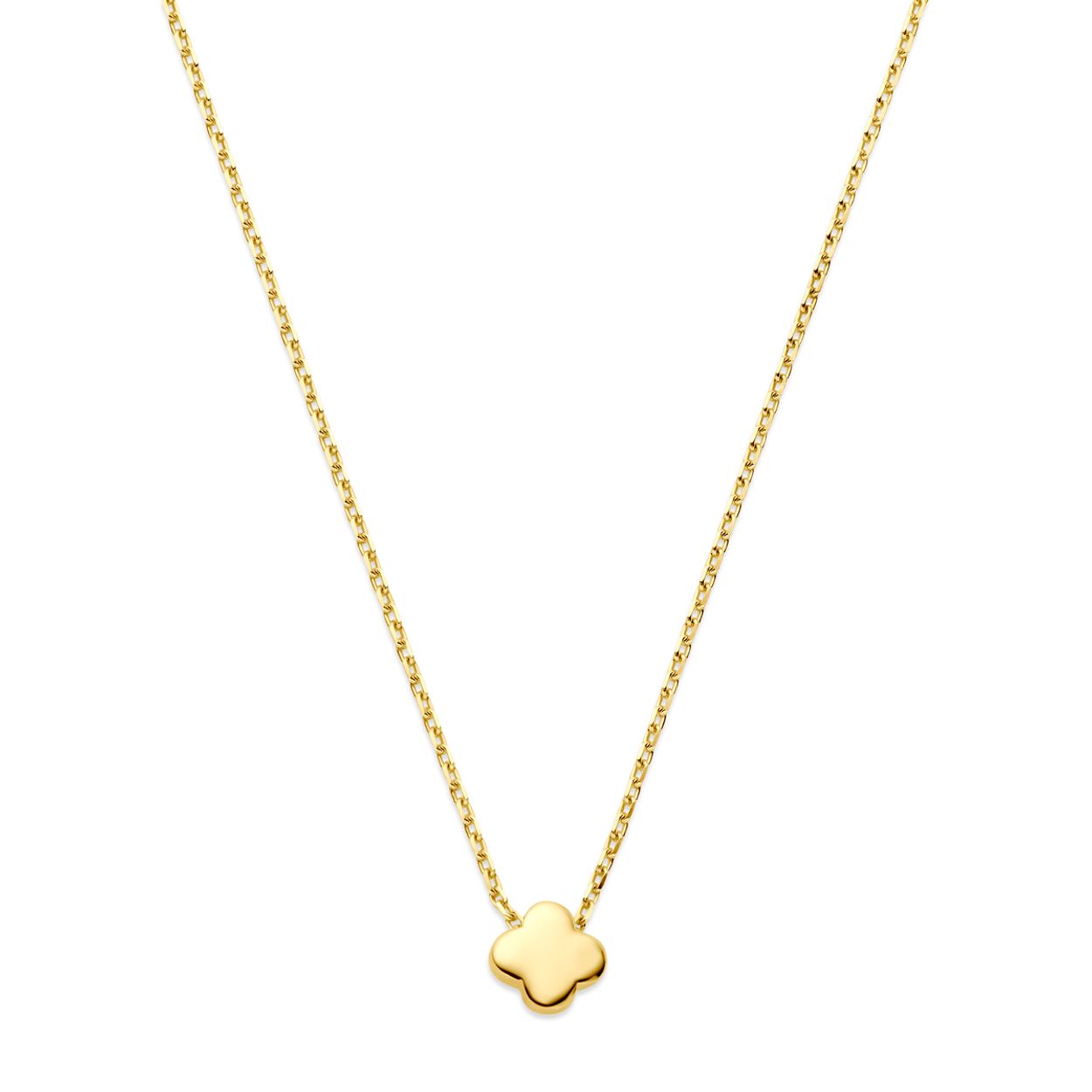 14k Geelgouden collier uitgevoerd met een klaver hanger. Het collier heeft draaglengtes van 42 en 45cm. De schakelbreedte is 1mm.