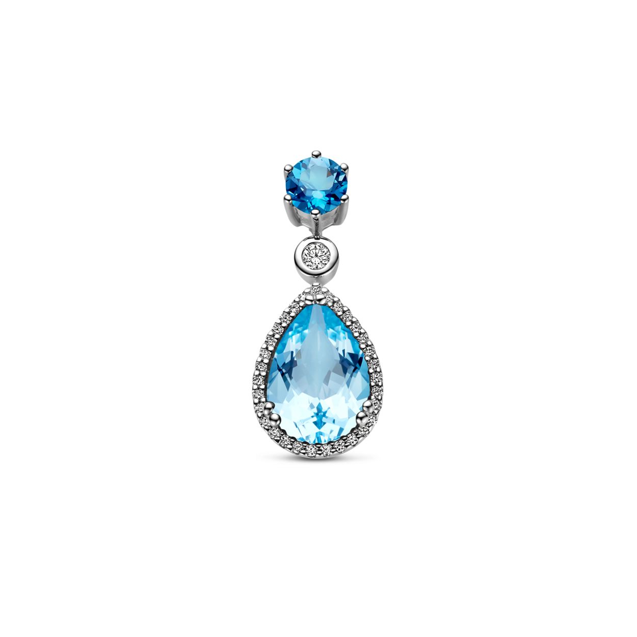 14k Witgouden hanger uitgevoerd met sky blue topaas, london blue topaas en diamant. De hanger heeft een totale hoogte van 25mm. Het diamantgewicht is 0.17ct.