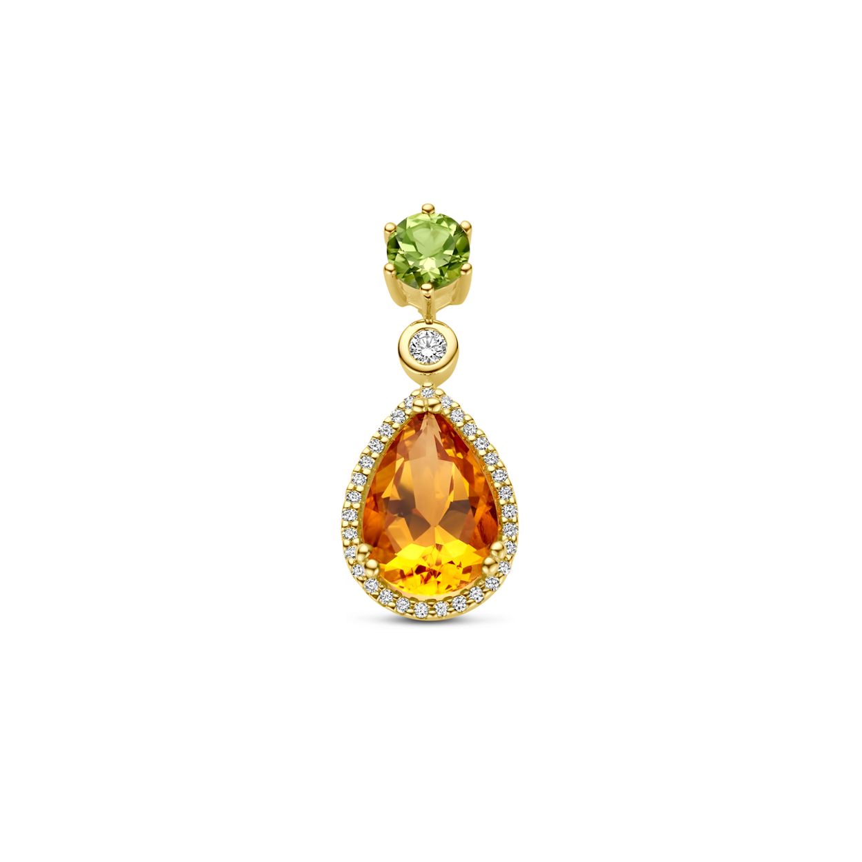 14k Geelgouden hanger uitgevoerd met citrien, peridot en diamant. De hanger heeft een totale hoogte van 25mm. Het diamantgewicht is 0.17ct.
