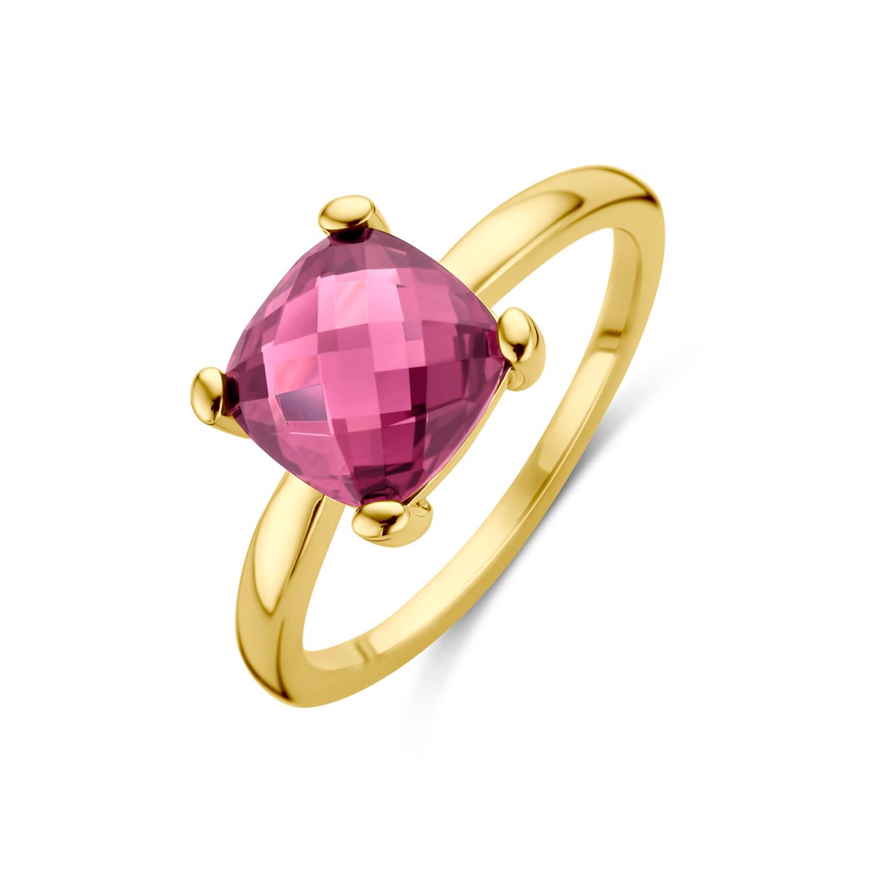 14k Geelgouden ring uitgevoerd met roze rhodoliet. De ring heeft een breedte van 9mm.