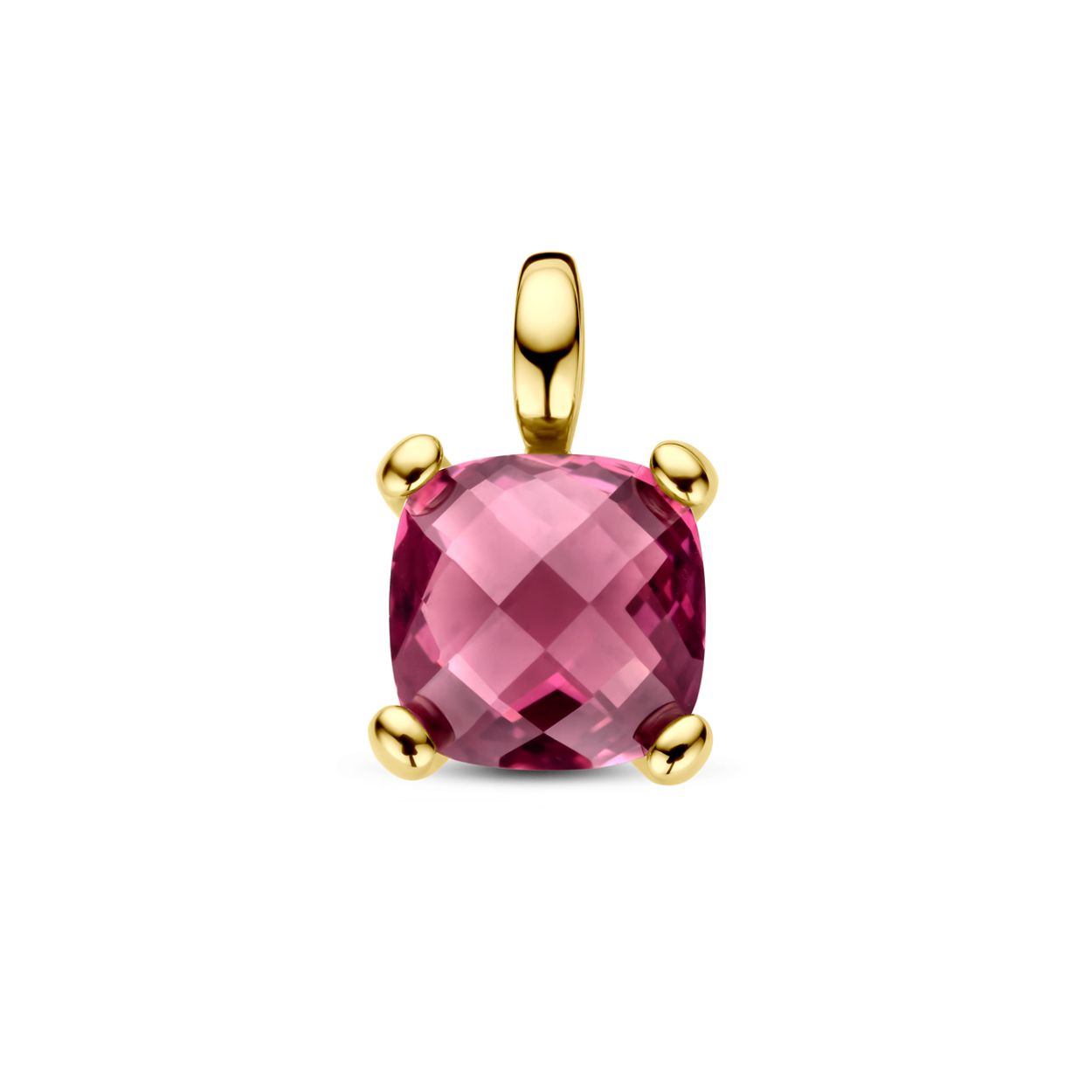 14k Geelgouden hanger uitgevoerd met roze rhodoliet. De hanger heeft een totale hoogte van 13.5mm.&nbsp;