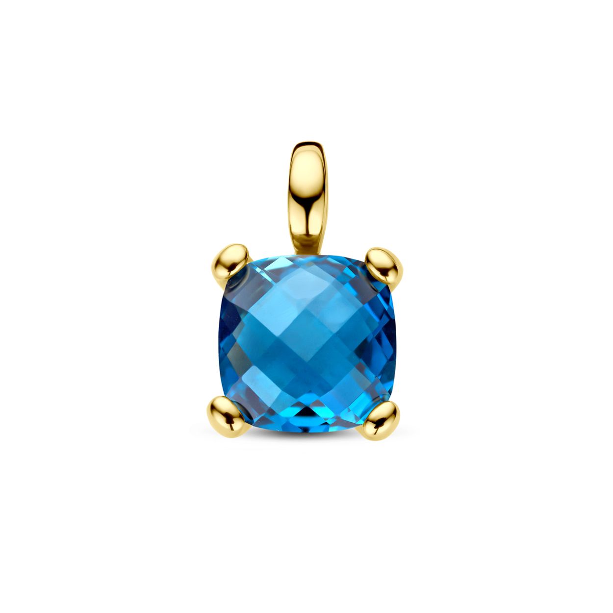 14k Geelgouden hanger uitgevoerd met london blue topaas. De hanger heeft een totale hoogte van 13.5mm.