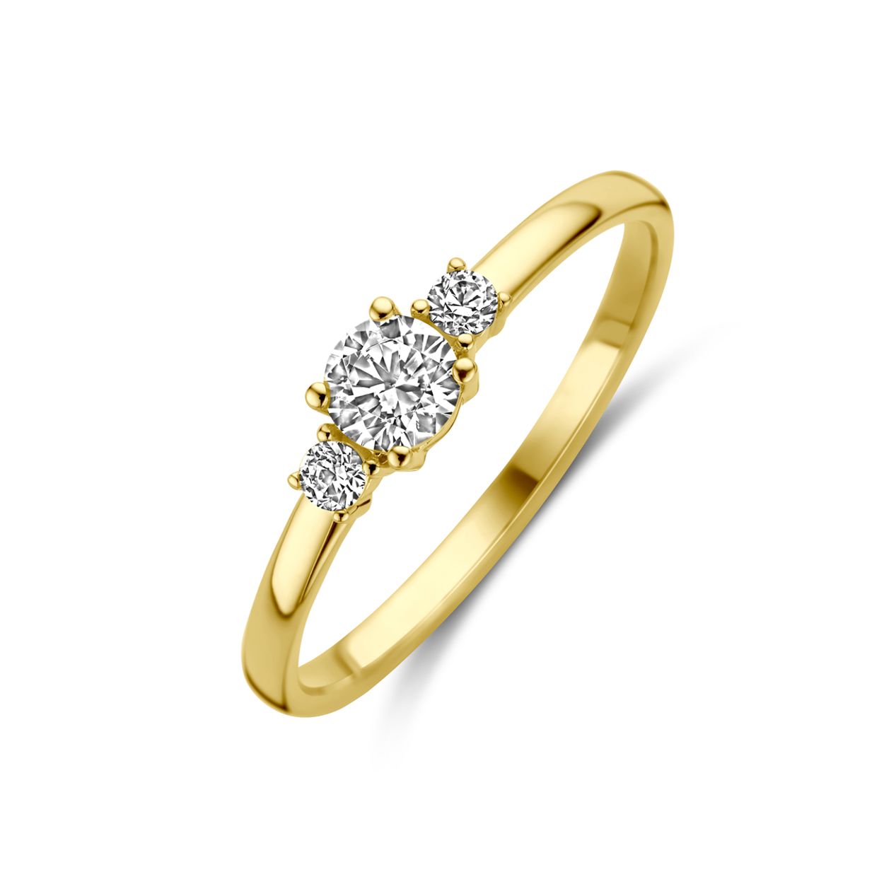 14k Geelgouden ring uitgevoerd met zirkonia. De ring heeft een breedte van 4mm.