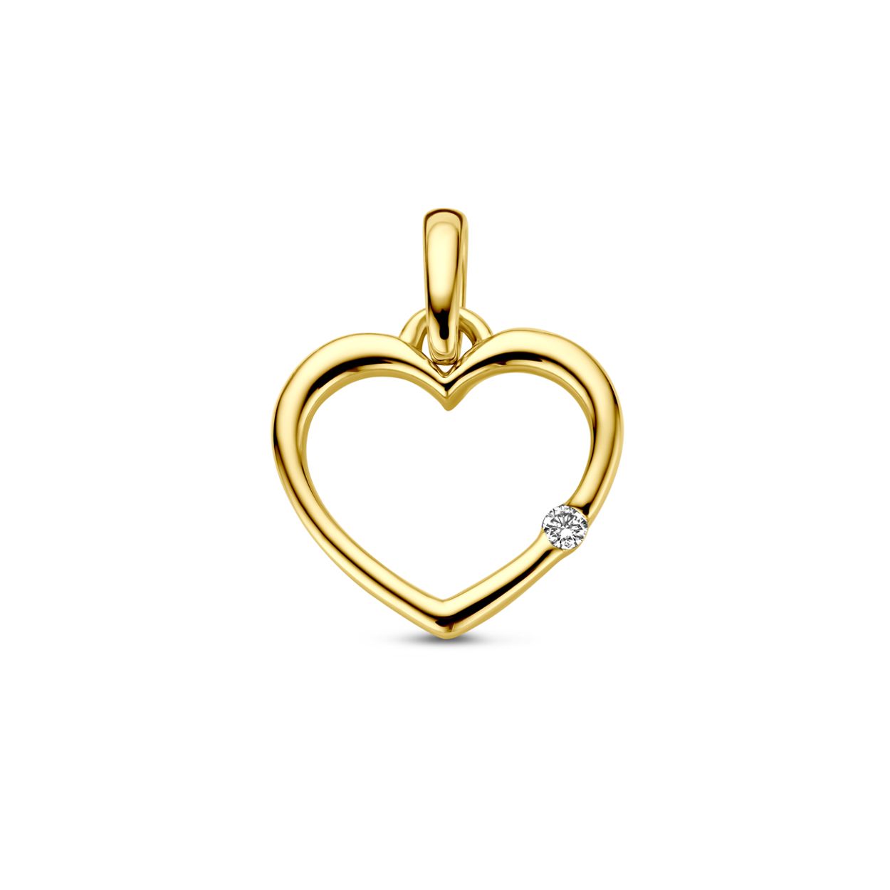 14k Geelgouden hanger in de vorm van een hart met diamant. Het diamantgewicht is 0.01ct. Het hart heeft een afmeting van 10.5x11mm.