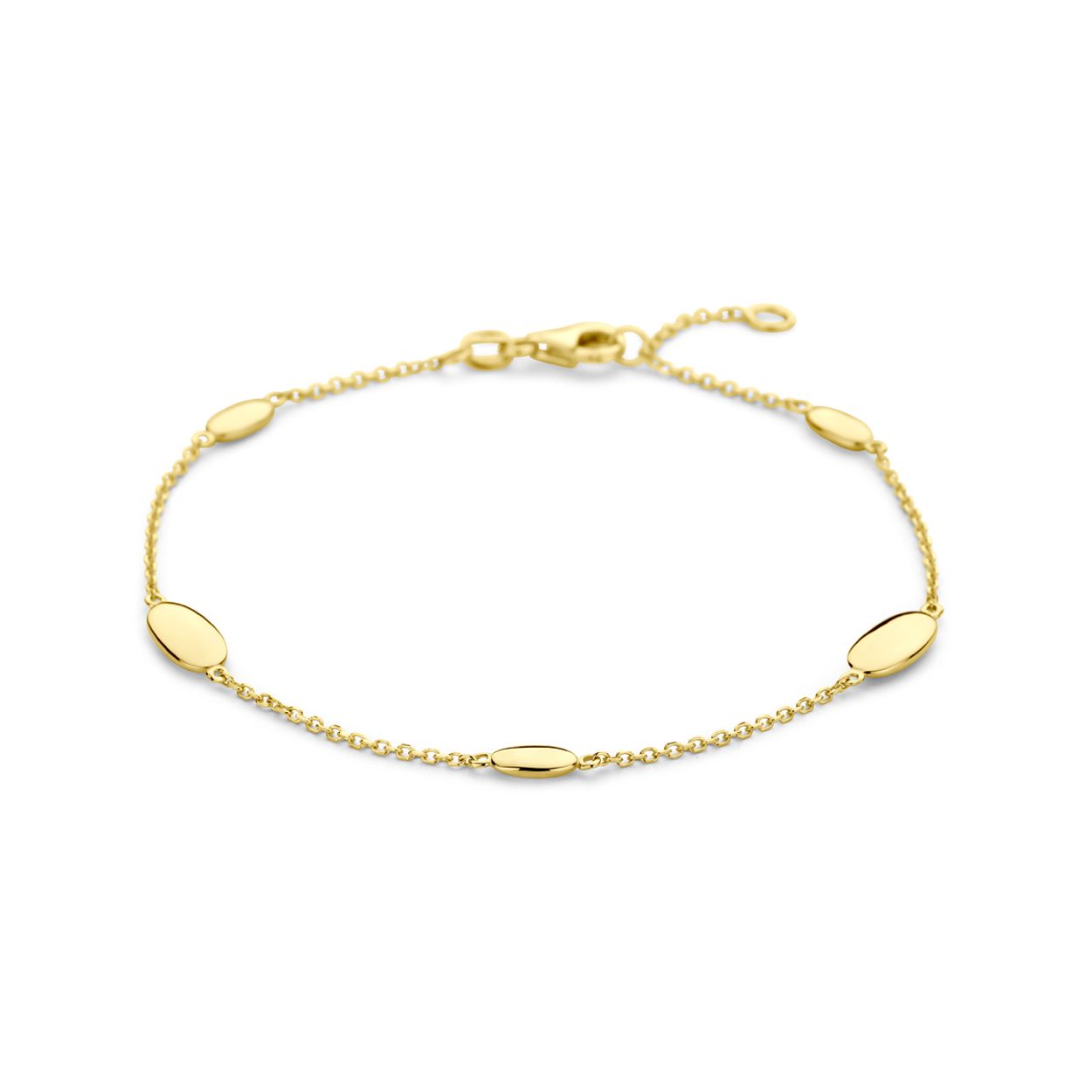 14k Geelgouden armband met ovaalvormige elementen en een karabijn sluiting. De armband heeft draaglengtes van 17 en 19cm. De schakelbreedte is 1mm.