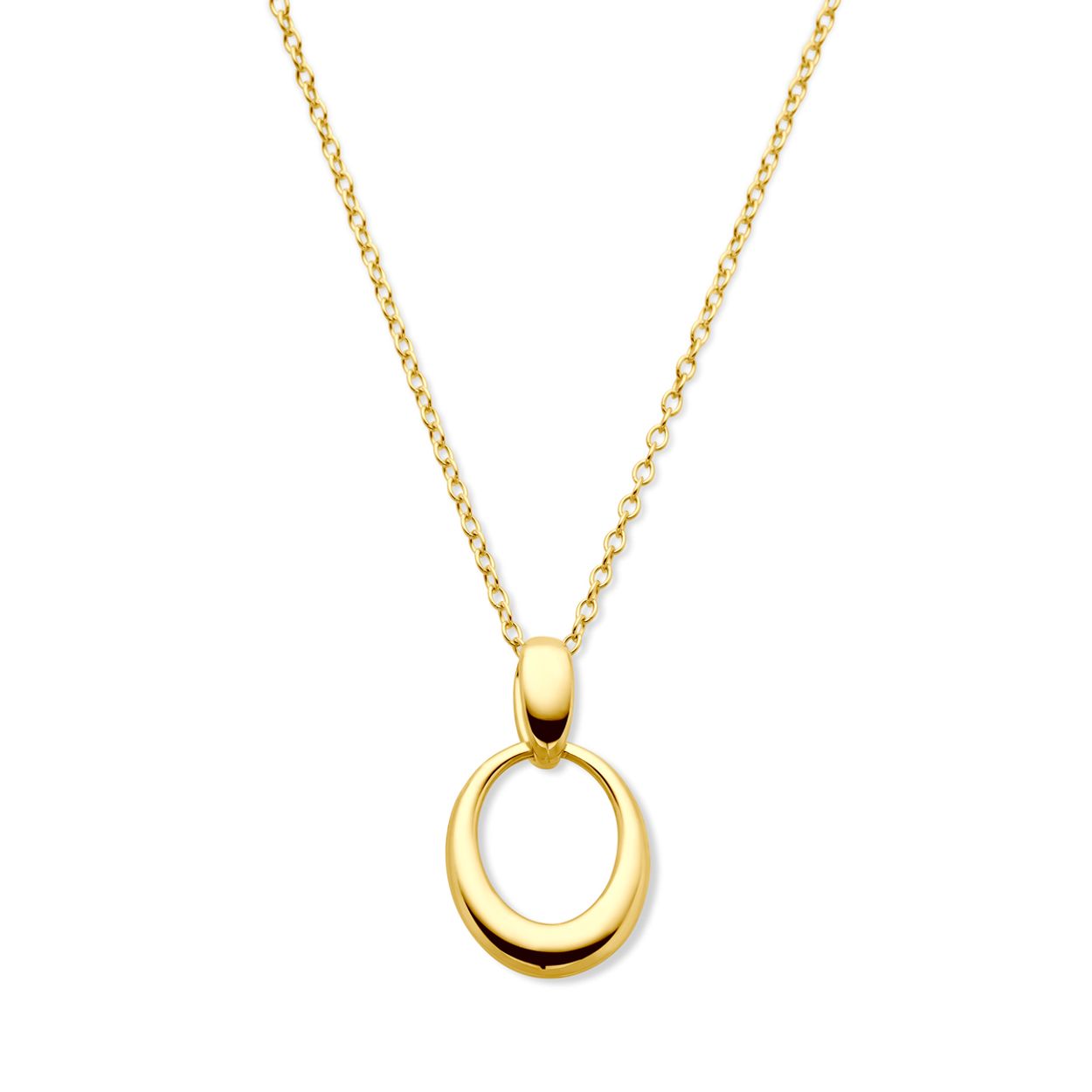 14k Geelgouden collier uitgevoerd met een ovale hanger en een karabijn sluiting. Het collier heeft draaglengtes van 42 en 44cm. De schakelbreedte is 1.3mm.