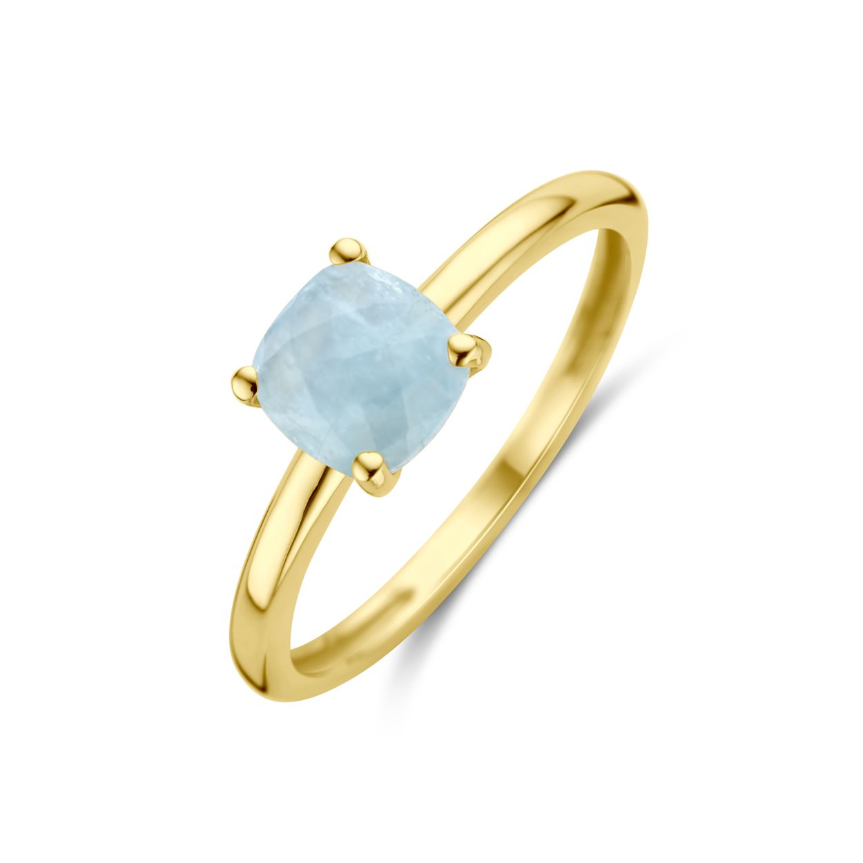 14k Geelgouden ring uitgevoerd met aquamarijn. De steen heeft een afmeting van 6x6mm.