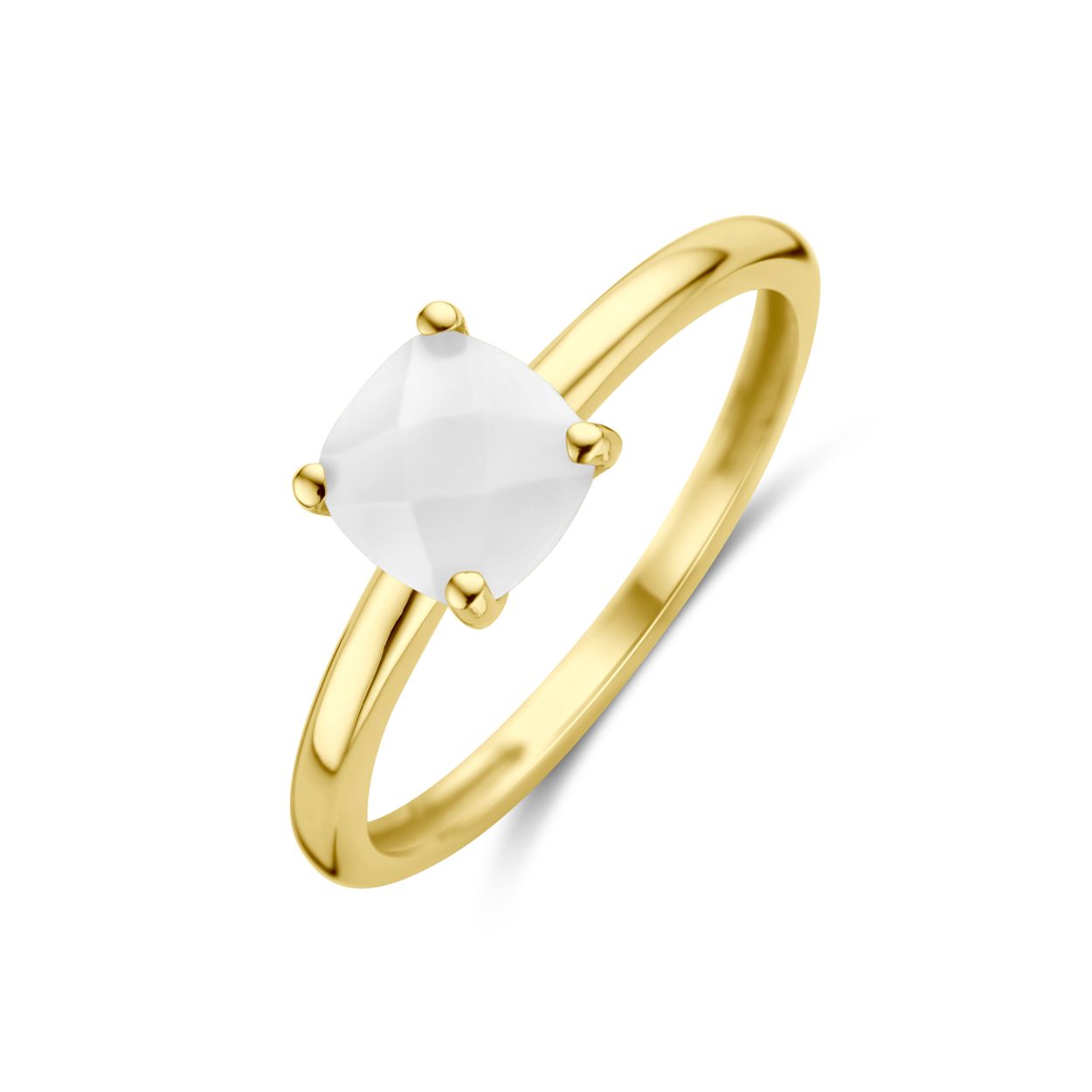 14k Geelgouden ring uitgevoerd met wit agaat. De steen heeft een afmeting van 6x6mm.