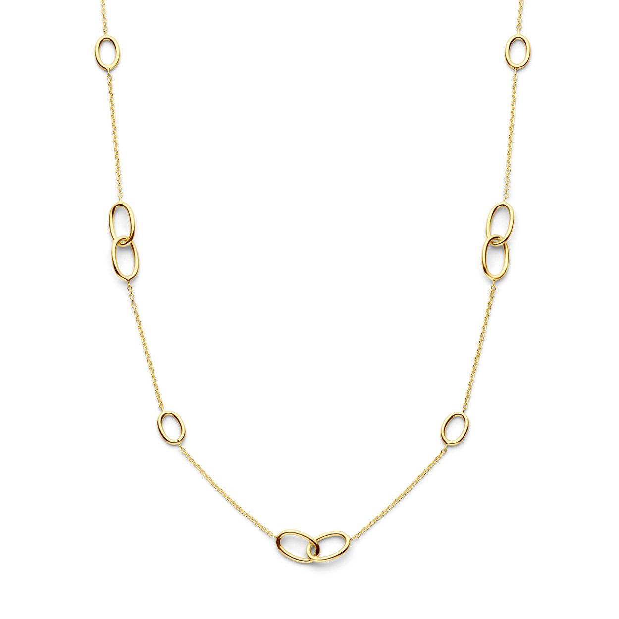 14k Geelgouden collier met draaglengtes van 43 en 45cm. Het collier heeft een breedte van 6.5mm is uitgevoerd met karabijnsluiting. De schakelbreedte is 1.2mm.