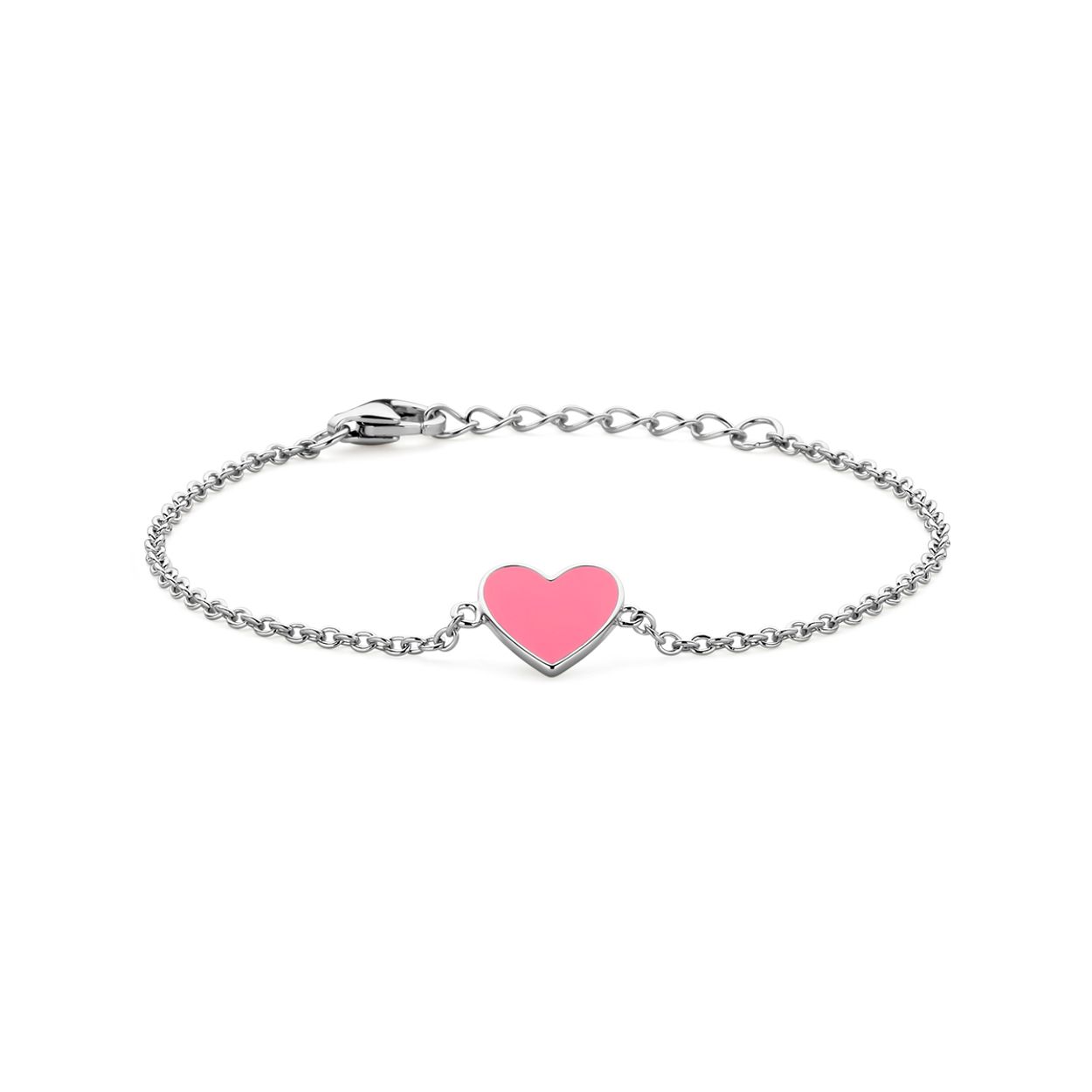 Gerhodineerd 925 zilveren armband uitgevoerd met een hart en roze emaille. De armband heeft een draaglengte van 13cm met 2cm extensie. Uitgevoerd met karabijn sluiting. De schakelbreedte is 1mm.