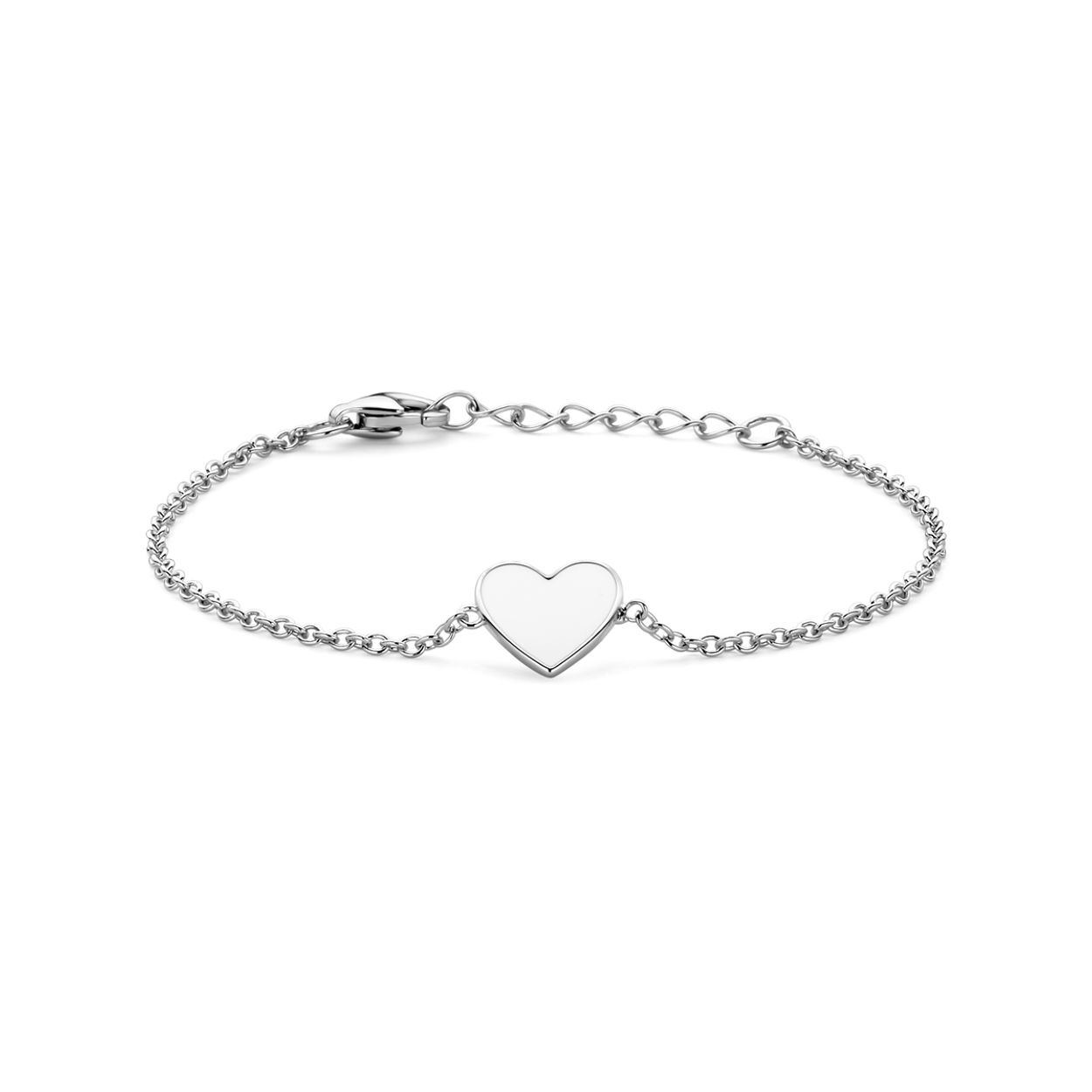 Gerhodineerd 925 zilveren armband uitgevoerd met een hart en wit emaille. De armband heeft een draaglengte van 13cm met 2cm extensie. Uitgevoerd met karabijn sluiting. De schakelbreedte is 1mm.
