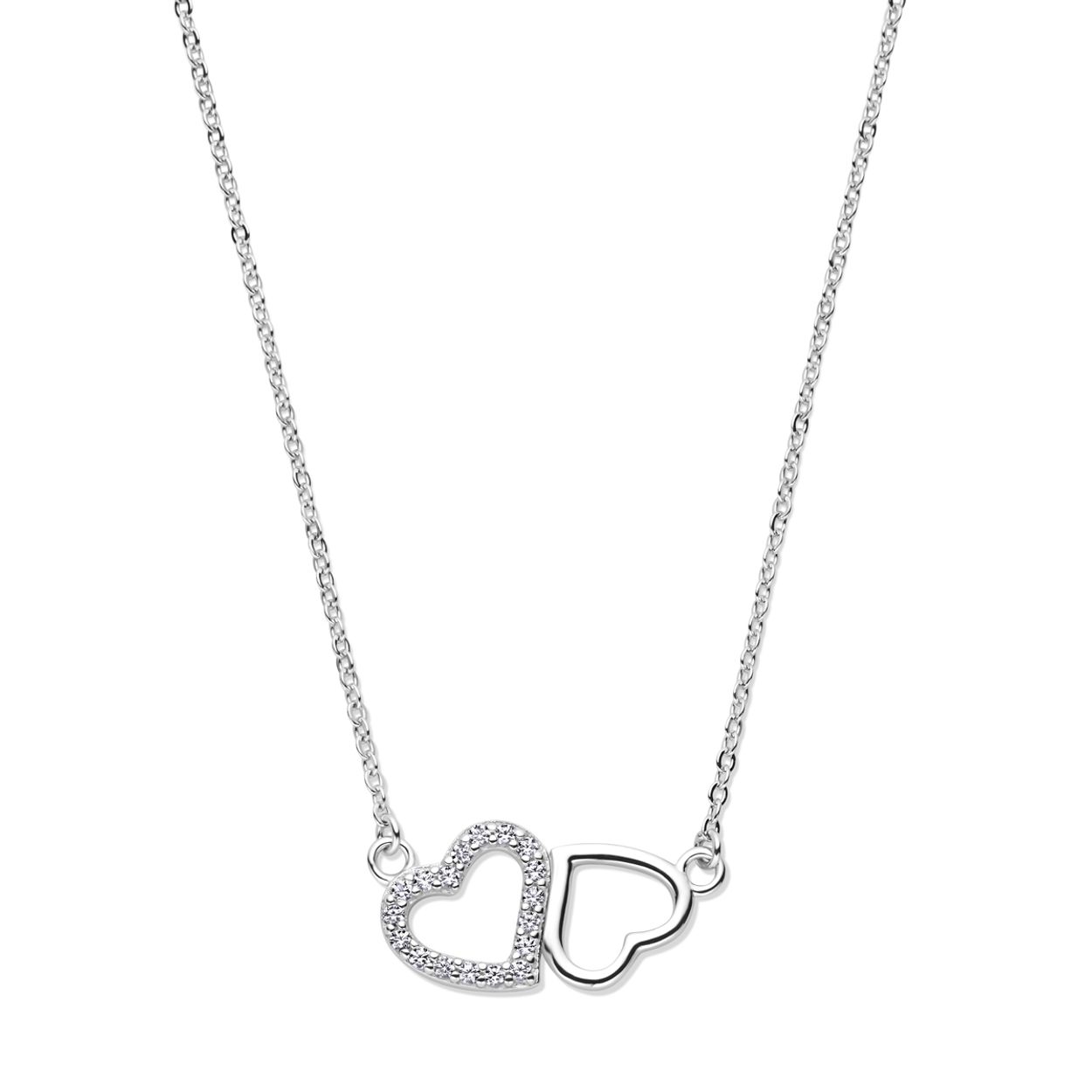 Gerhodineerd 925 zilveren collier uitgevoerd met twee harten en zirkonia. Het collier heeft een draaglengte van 42cm met 3cm extensie. Uitgevoerd met karabijnsluiting. De schakelbreedte is 2mm.