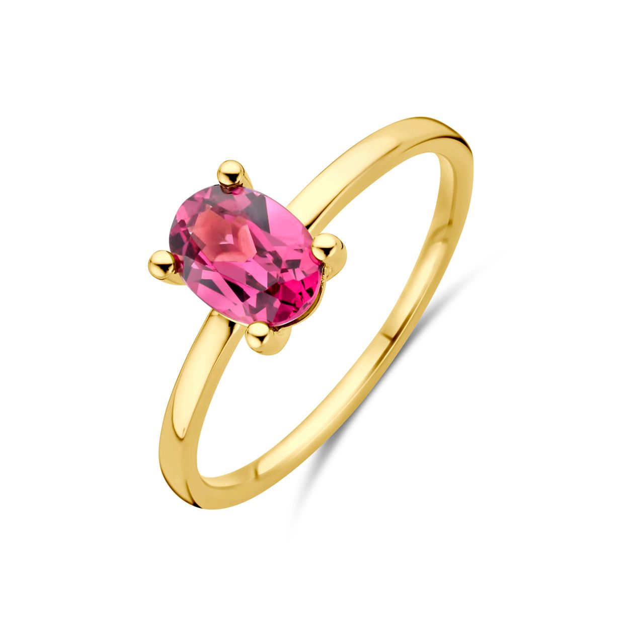 14k Geelgouden ring uitgevoerd met roze rhodoliet. De steen heeft een afmeting van 7x5mm.