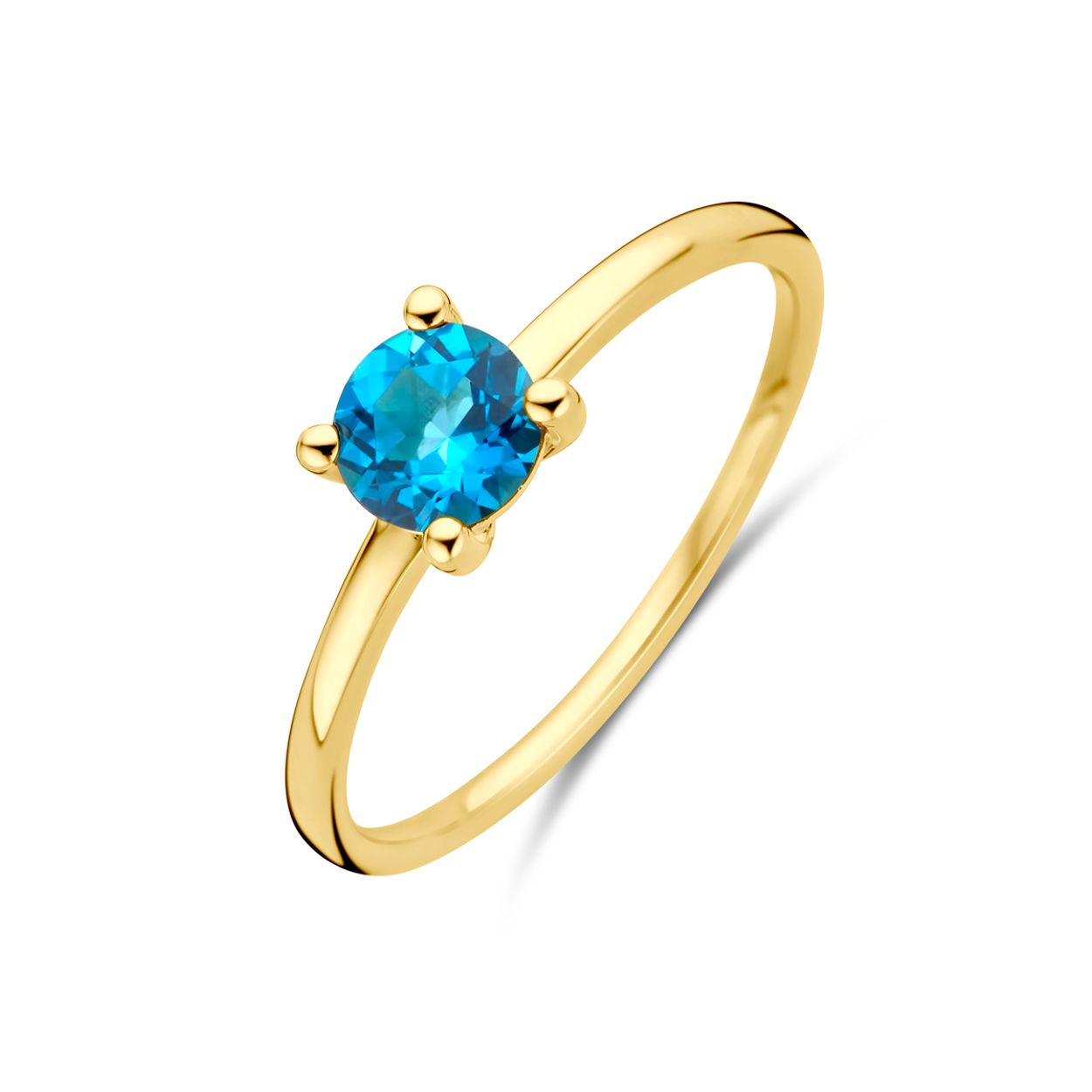 14k Geelgouden ring uitgevoerd met london blue. De steen heeft een diameter van 5mm.