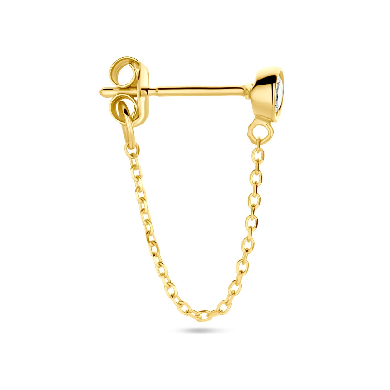 14k Geelgoud oorknop uitgevoerd met zirkonia. Met een diameter van 3.5mm. Deze oorsieraden worden per stuk verkocht ipv per paar.