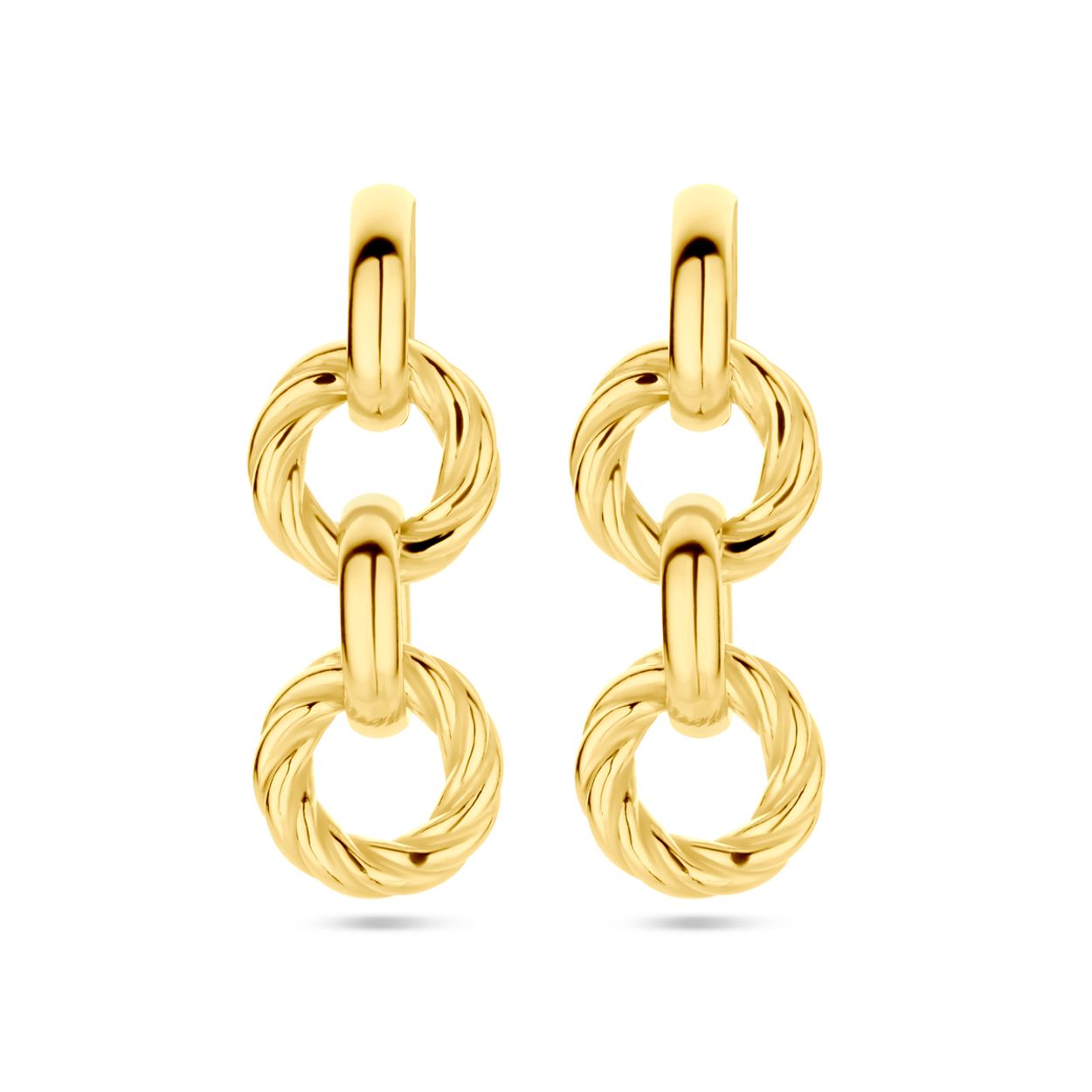 Geelgoud op 925 zilveren oorhangers uitgevoerd met gedraaid cirkels. De oorhangers hebben een totale hoogte van 32mm. Geen garantie op de plating.