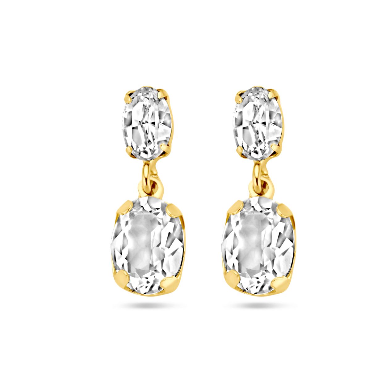 Geelgoud op 925 zilveren oorhangers uitgevoerd met swarovski stenen. De oorhangers hebben een totale hoogte van 18mm. Geen garantie op de plating.