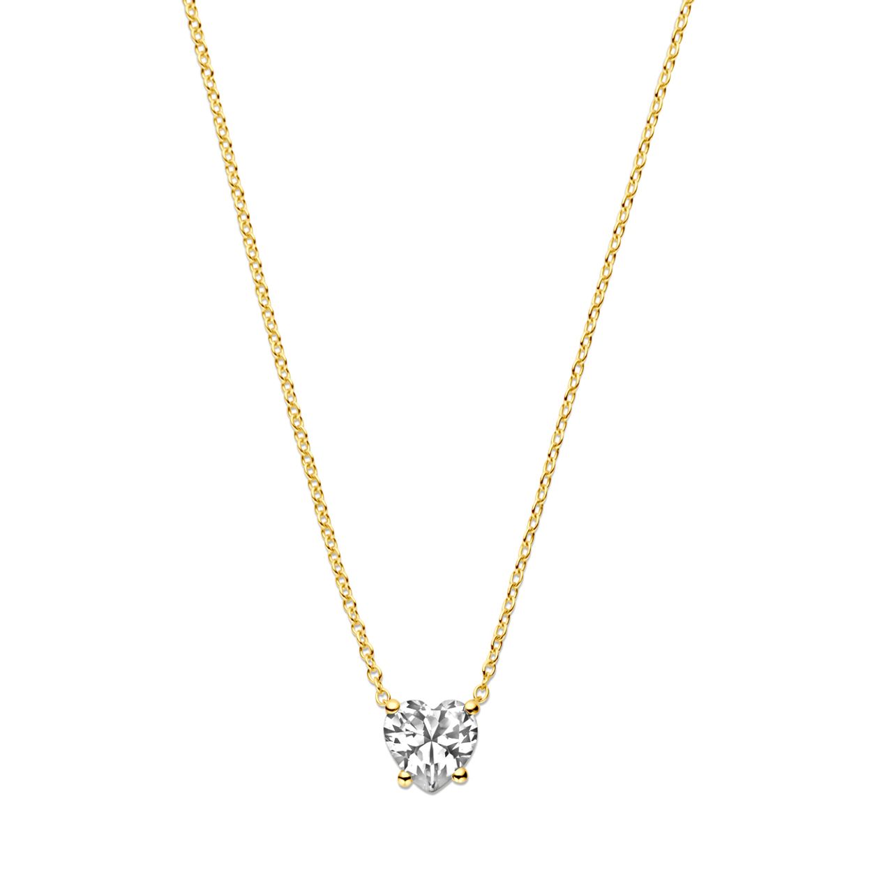 14k Geelgouden collier uitgevoerd met een hart zirkonia. Het collier heeft draaglengtes van 41, 43 en 45cm. Uitgevoerd met karabijn sluiting. De schakelbreedte is 1mm.