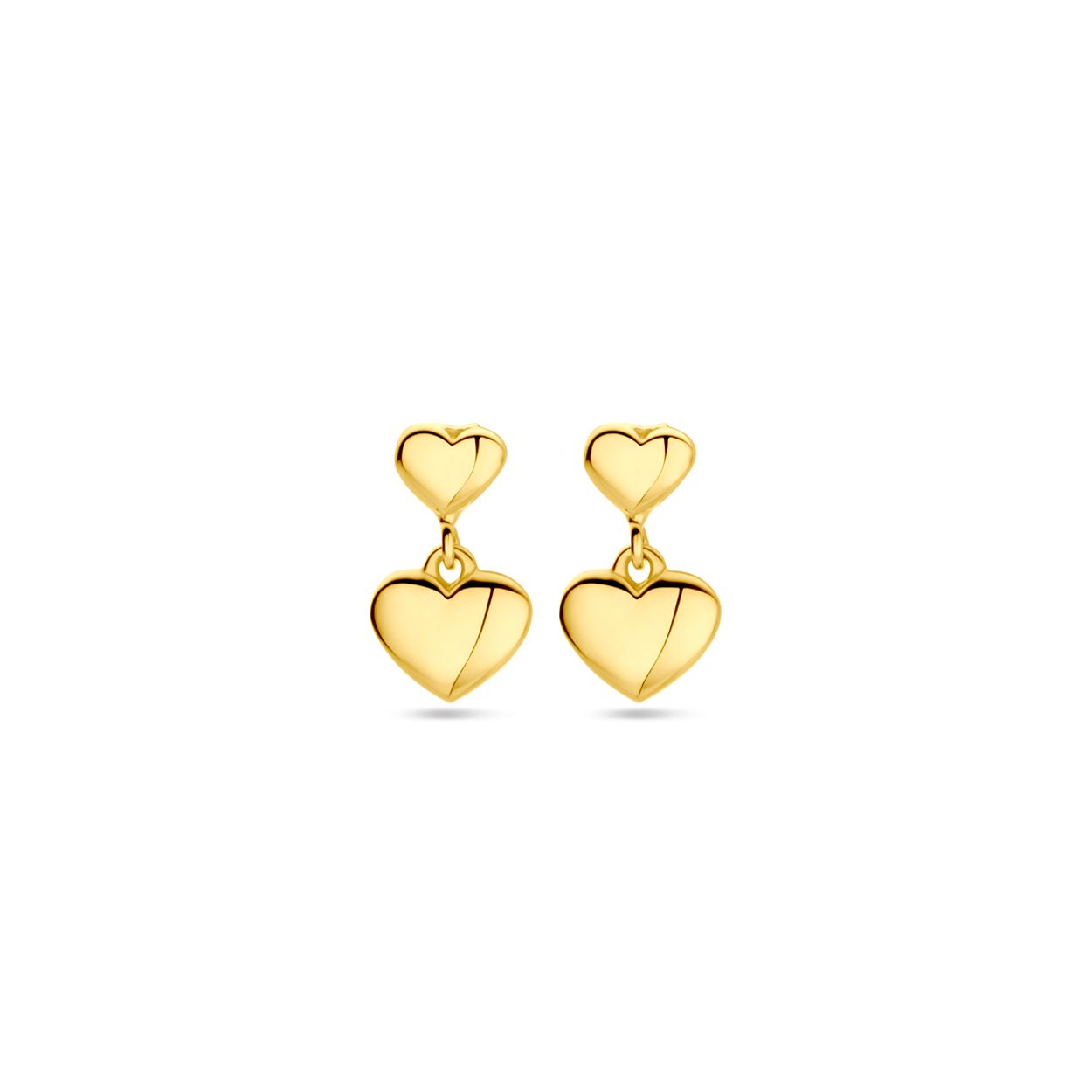 14k Geelgouden oorhangers uitgevoerd met twee harten. De oorhangers hebben een totale hoogte van 11mm.