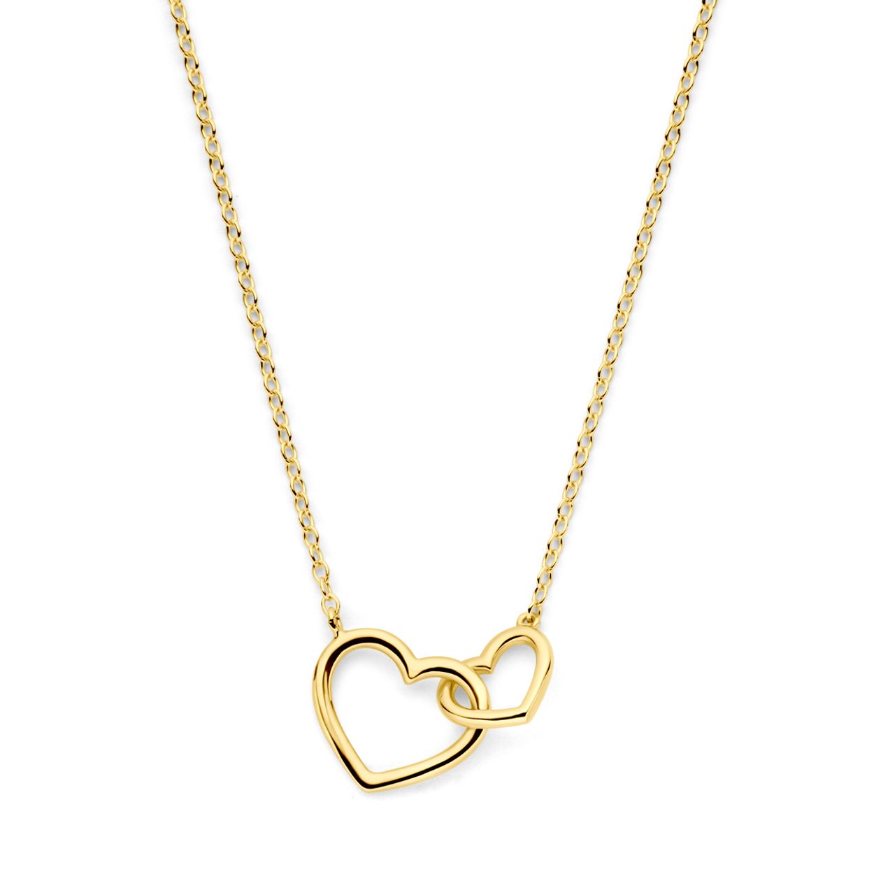14k Geelgouden collier uitgevoerd met twee harten. Het collier heeft draaglengtes van 40, 42 en 44cm. Uitgevoerd met karabijn sluiting. De schakelbreedte is 1.3mm.
