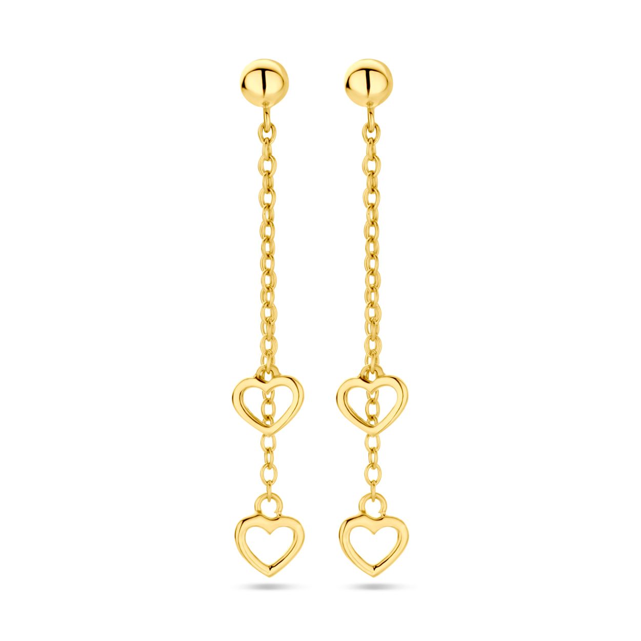 14k Geelgouden oorhangers uitgevoerd met hartjes. De oorhangers hebben een totale hoogte van 36mm.