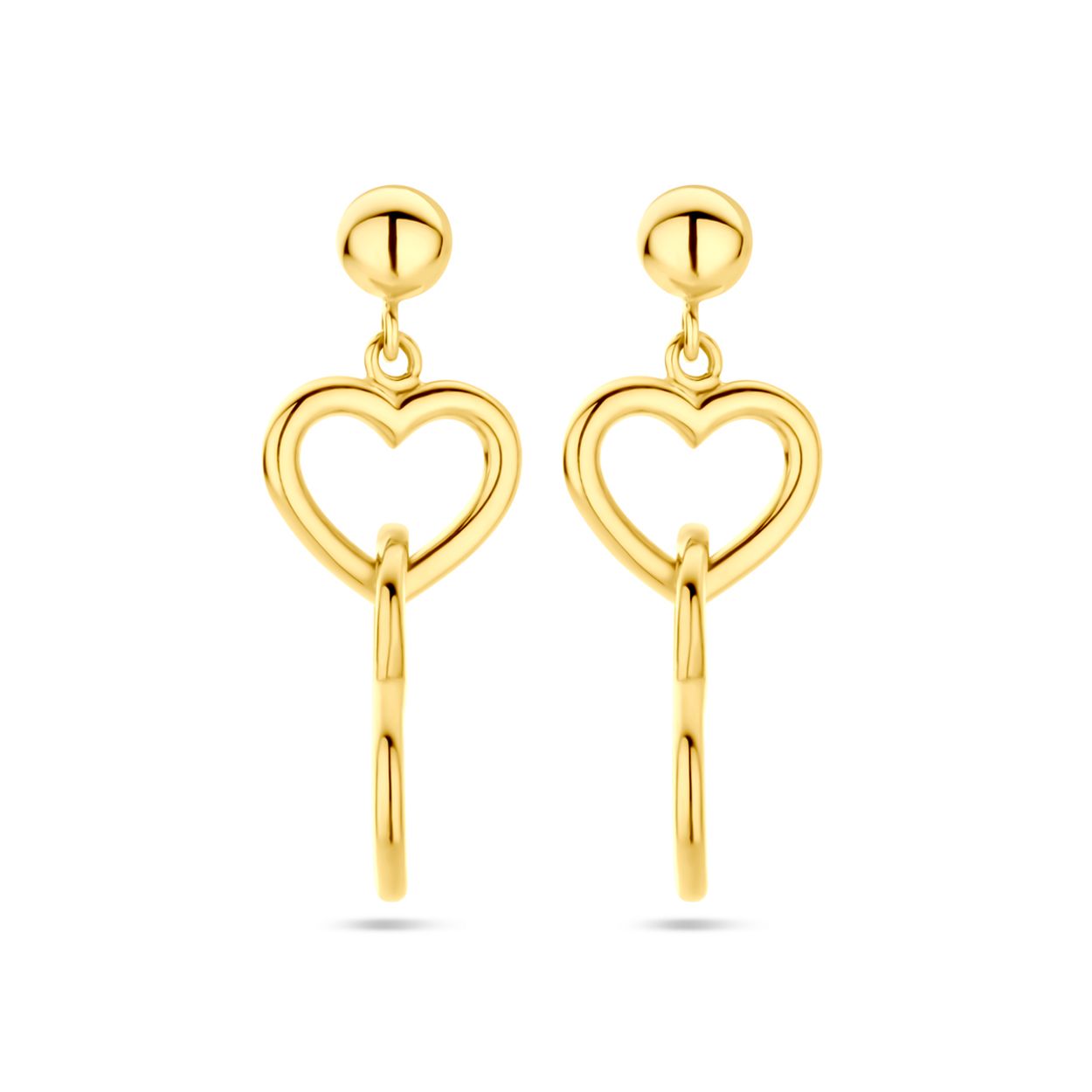 14k Geelgouden oorhangers uitgevoerd met twee harten. De oorhangers hebben een totale hoogte van 22mm.