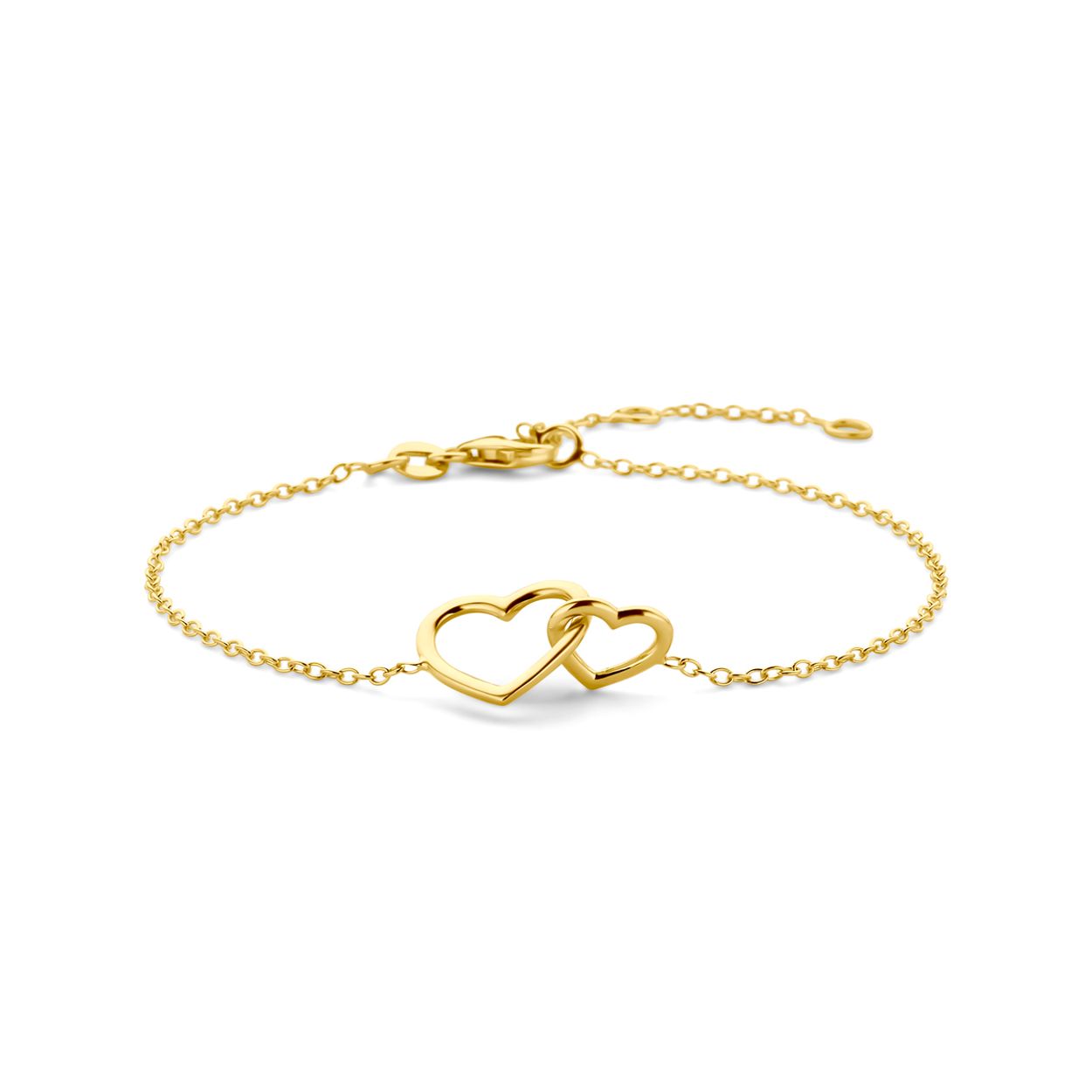 14k Geelgouden armband uitgevoerd met twee hartjes. De armband heeft draaglengtes van 16, 17.5 en 19cm. Uitgevoerd met karabijnsluiting. De schakelbreedte is 1.3mm.