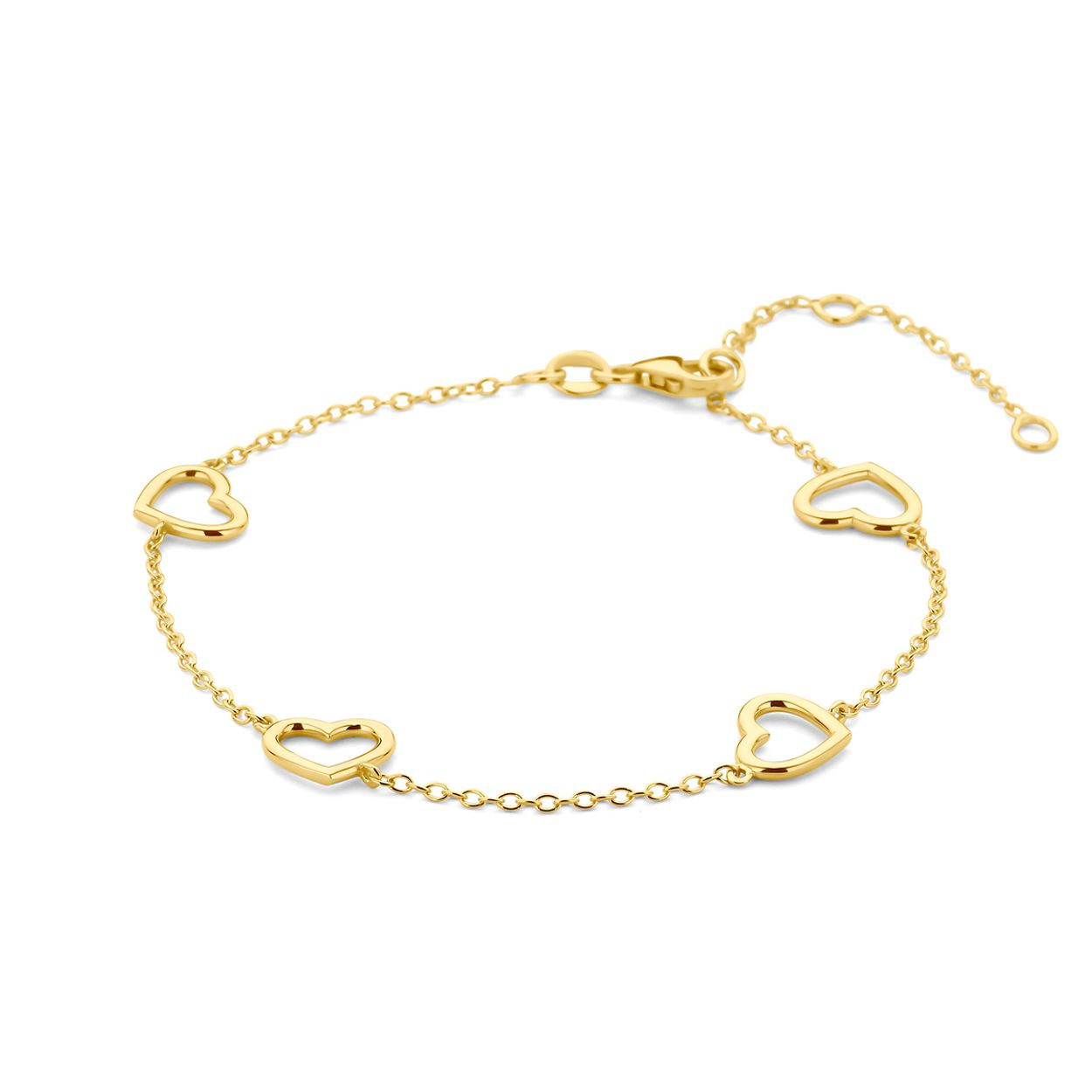 14k Geelgouden armband uitgevoerd met hartjes. De armband heeft draaglengtes van 16, 17.5 en 19cm en is uitgevoerd met karabijn sluiting. De schakelbreedte is 1.3mm.
