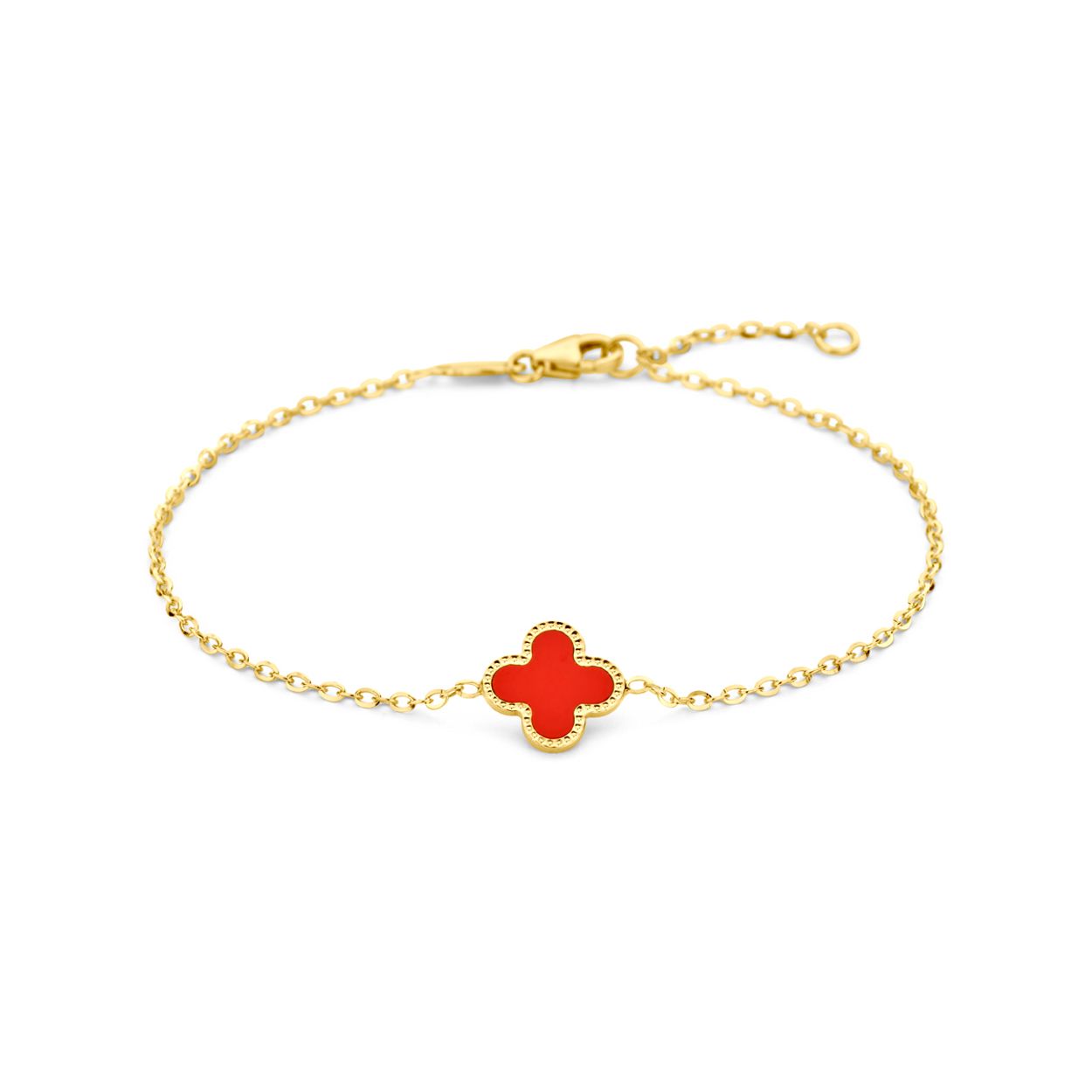 14k Geelgouden armband uitgevoerd met een bloem, rode epoxy en een karabijn sluiting. De armband heeft draaglengtes van 16 en 18cm. De schakelbreedte is 1.4mm.