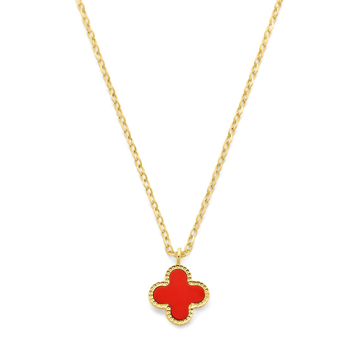14k Geelgouden collier uitgevoerd met een bloem, rode epoxy en een karabijn sluiting. Het collier heeft draaglengtes van 41, 43 en 45cm. De schakelbreedte is 1.4mm.