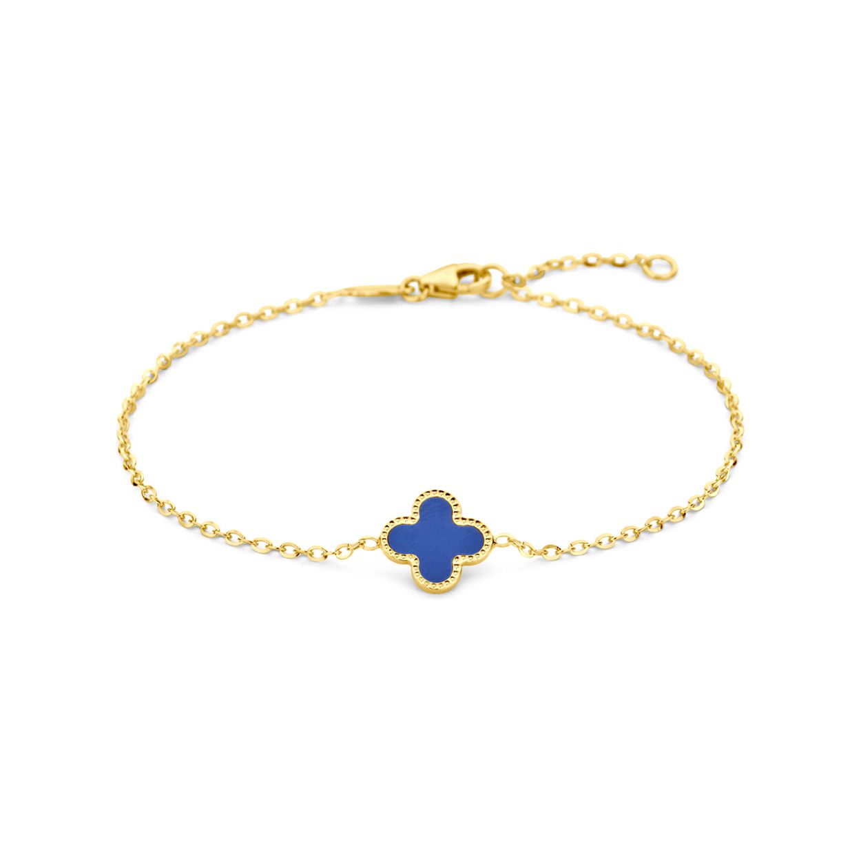 14k Geelgouden armband uitgevoerd met een bloem, lapis en een karabijn sluiting. De armband heeft draaglengtes van 16 en 18cm. De schakelbreedte is 1.4mm.