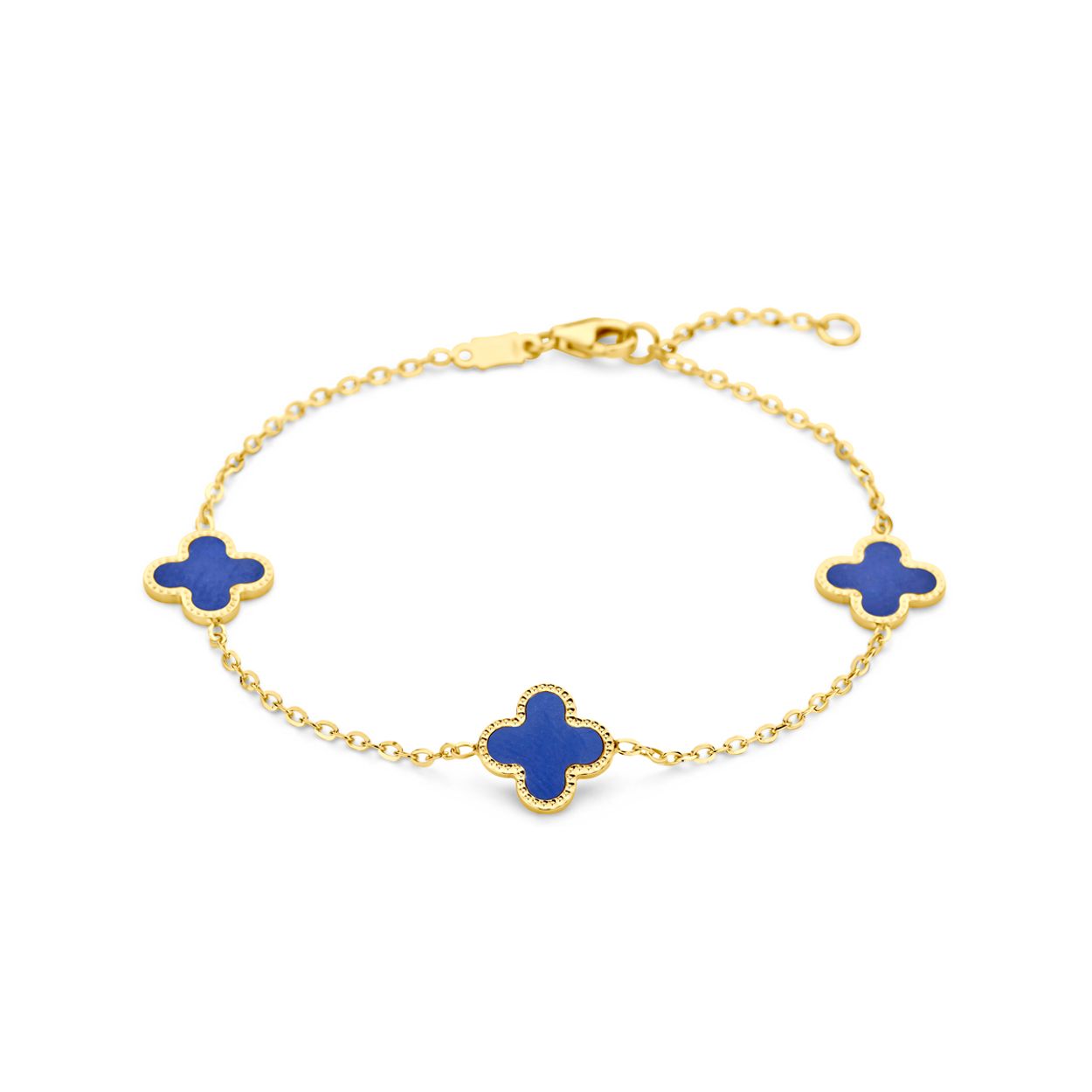 14k Geelgouden armband uitgevoerd met een bloem, lapis en een karabijn sluiting. De armband heeft draaglengtes van 16 en 18cm. De schakelbreedte is 1.4mm.