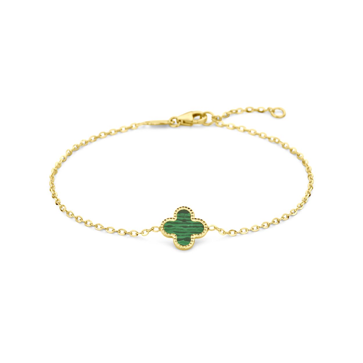 14k Geelgouden armband uitgevoerd met een bloem, malachiet en een karabijn sluiting. De armband heeft draaglengtes van 16 en 18cm. De schakelbreedte is 1.4mm.