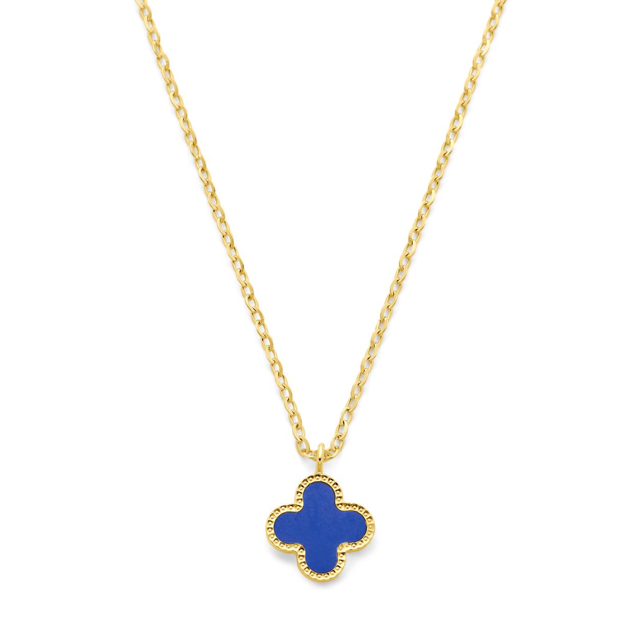 14k Geelgouden collier uitgevoerd met een bloem, lapis en een karabijn sluiting. Het collier heeft draaglengtes van 41, 43 en 45cm. De schakelbreedte is 1.4mm.