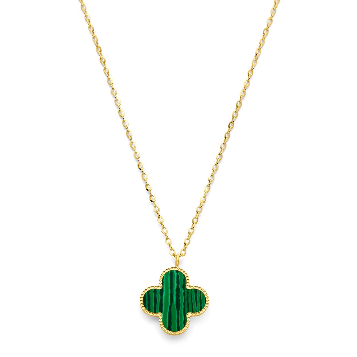 14k Geelgouden collier uitgevoerd met een bloem, malachiet en een karabijn sluiting. Het collier heeft draaglengtes van 41, 43 en 45cm. De schakelbreedte is 1.4mm.