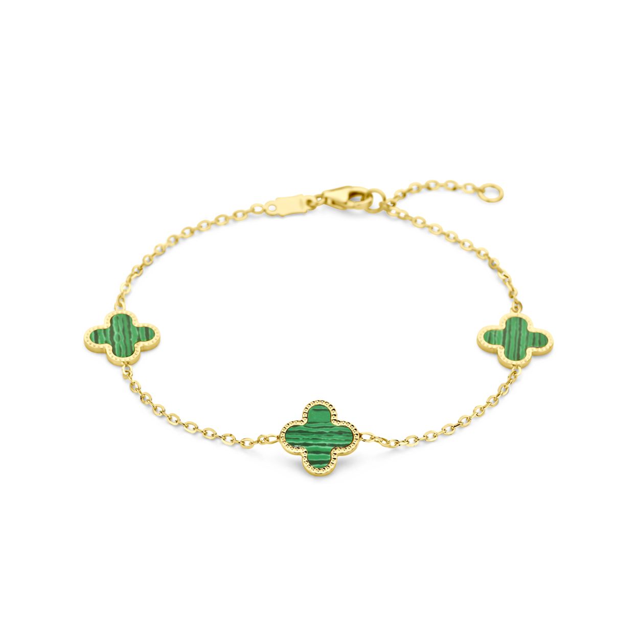 14k Geelgouden armband uitgevoerd met een bloem, malachiet en een karabijn sluiting. De armband heeft draaglengtes van 16 en 18cm. De schakelbreedte is 1.4mm.