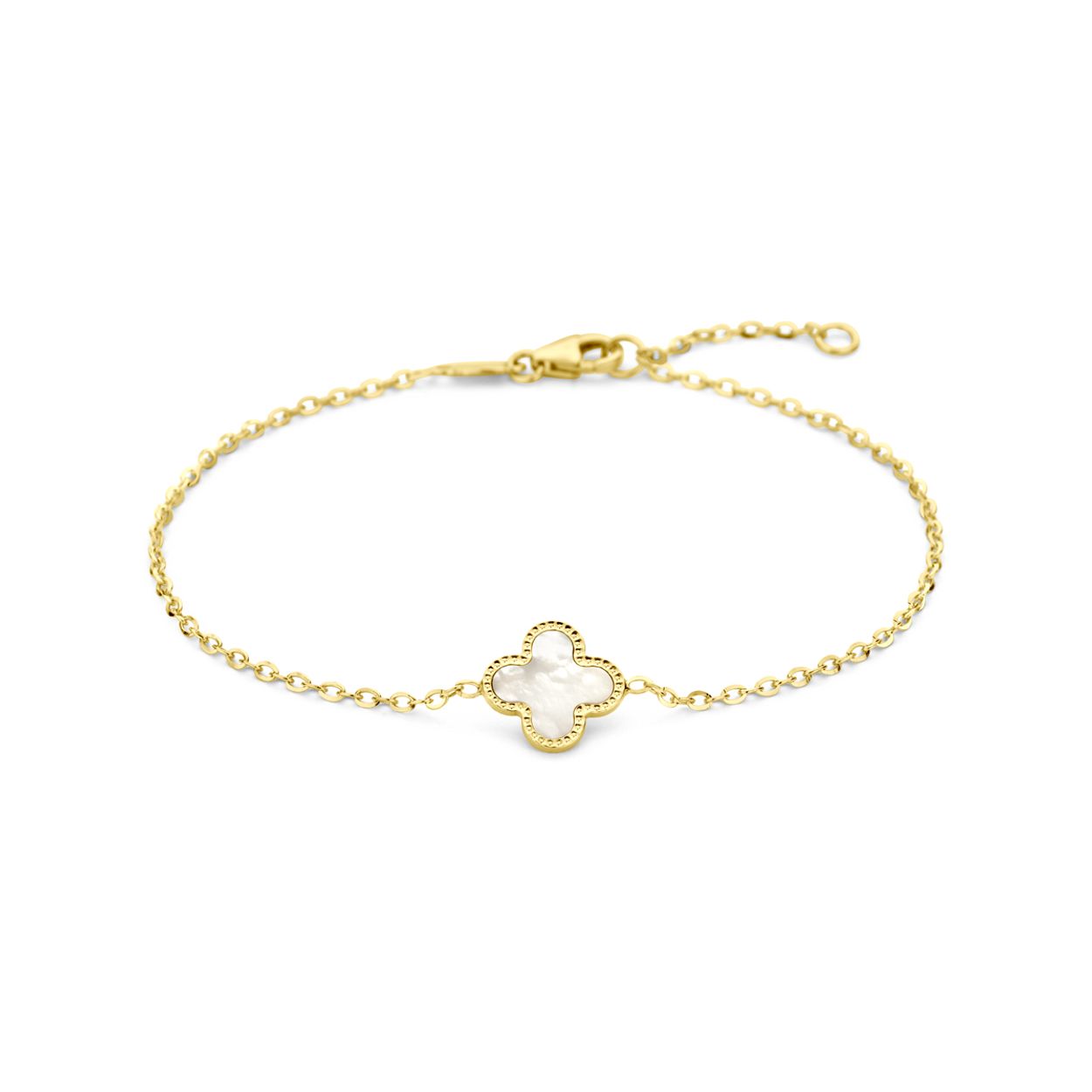 14k Geelgouden armband uitgevoerd met een bloem, parelmoer en een karabijn sluiting. De armband heeft draaglengtes van 16 en 18cm. De schakelbreedte is 1.4mm.