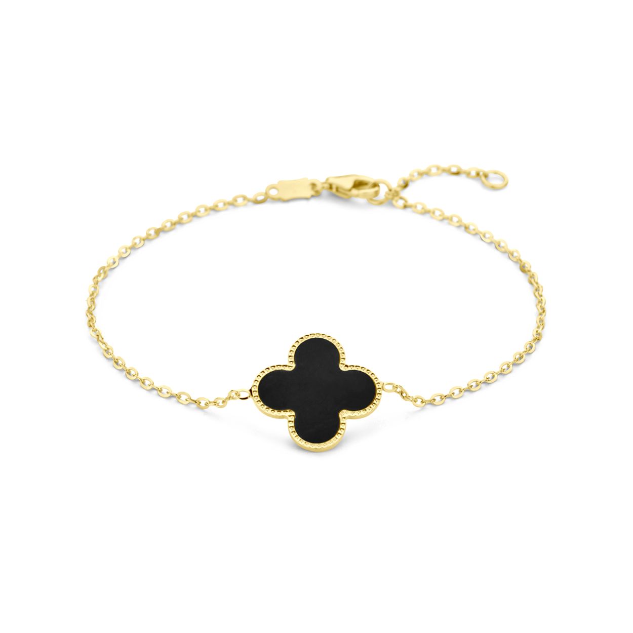 Huiscollectie - 14kt geelgouden armband bloem/klavertje 4, onyx, Lengte: 16/18 cm - 4030216