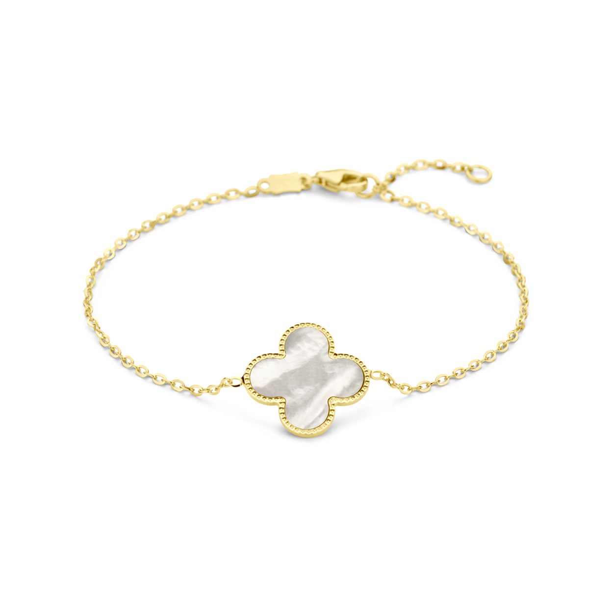 14k Geelgouden armband uitgevoerd met een bloem, parelmoer en een karabijn sluiting. De armband heeft draaglengtes van 16 en 18cm. De schakelbreedte is 1.4mm.