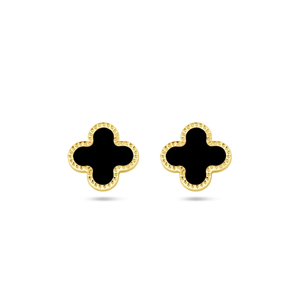14k Geelgouden oorknoppen uitgevoerd met een bloem en onyx. De oorknoppen hebben een afmeting van 10x10mm.