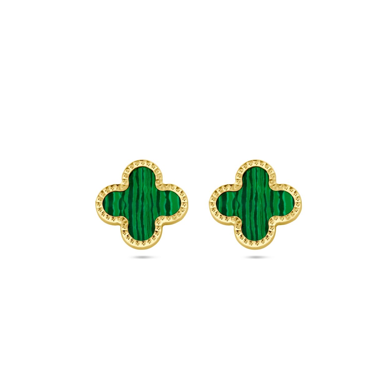 14k Geelgouden oorknoppen uitgevoerd met een bloem en malachiet. De oorknoppen hebben een afmeting van 10x10mm.