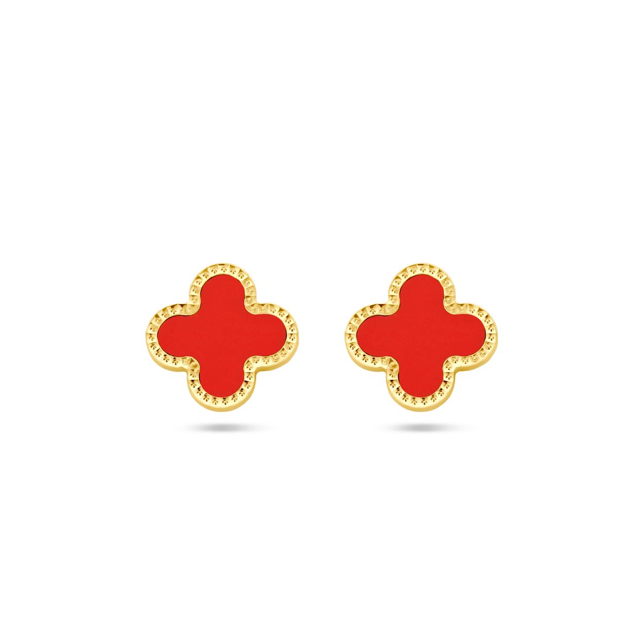 14k Geelgouden oorknoppen uitgevoerd met een bloem en rode epoxy. De oorknoppen hebben een afmeting van 10x10mm.