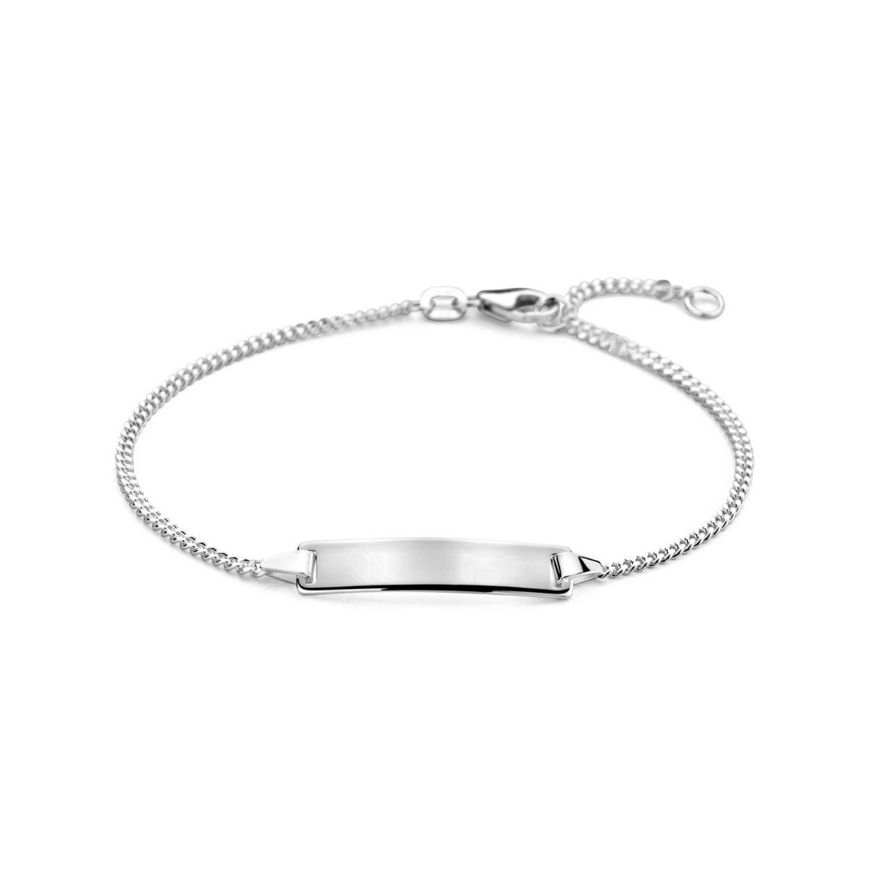925 zilveren graveerarmband uitgevoerd met een graveerplaat. De armband heeft draaglengtes van 16 en 18cm. De schakelbreedte is 1.7mm. De plaat heeft een afmeting van 25x5mm. Uitgevoerd met karabijn sluiting. De dikte van de plaat is 0.8mm.