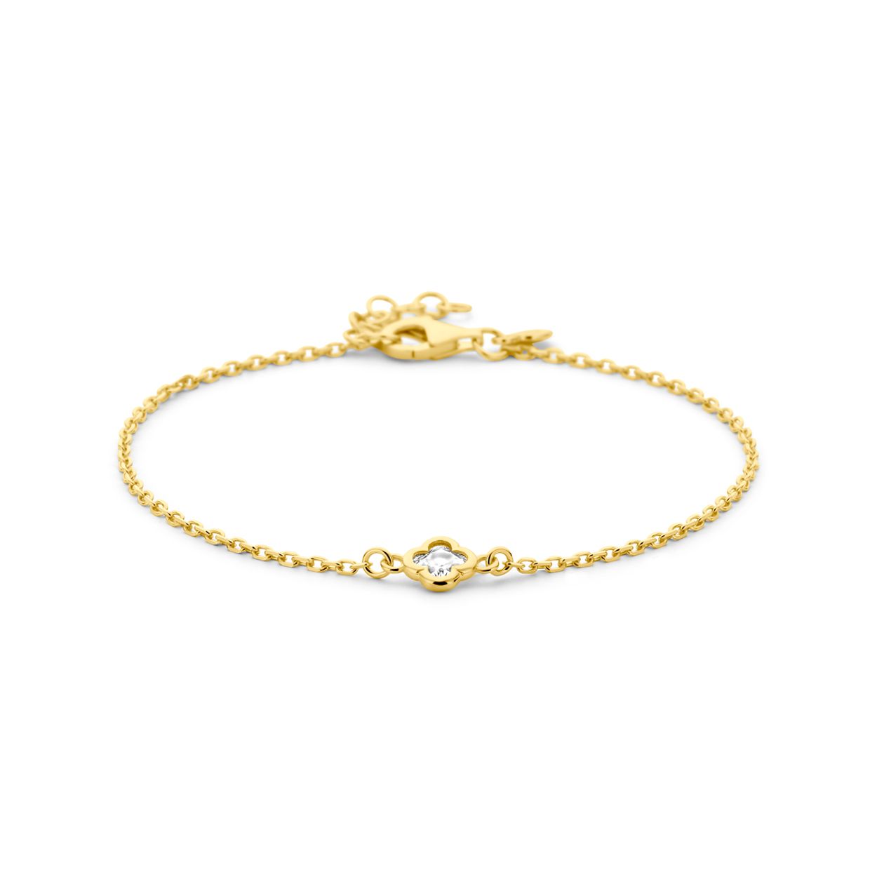 Geelgoud op 925 zilveren armband uitgevoerd met een bloem en zirkonia. De armband heeft een draaglengte van 17cm met 2cm extensie. Uitgevoerd met karabijn sluiting. De schakelbreedte is 1.5mm.  Geen garantie op de plating.