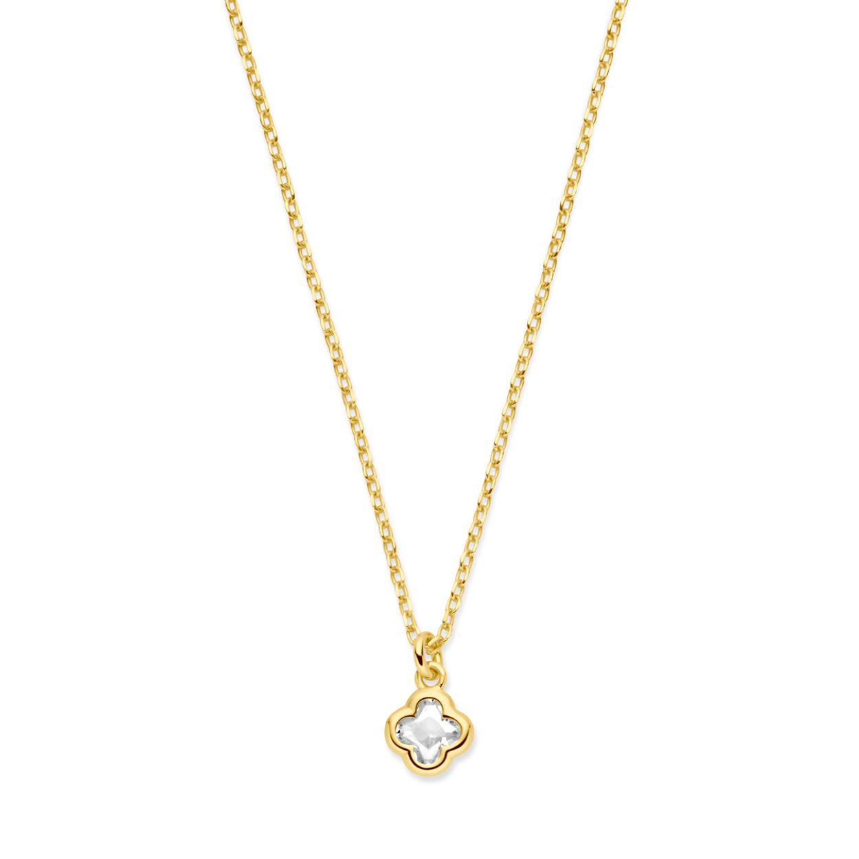 Geelgoud op 925 zilveren collier uitgevoerd met bloem zirkonia. Het collier heeft een draaglengte van 41cm met 4cm extensie en is uitgevoerd met karabijn sluiting. De schakelbreedte is 1.1mm. Geen garantie op de plating.
