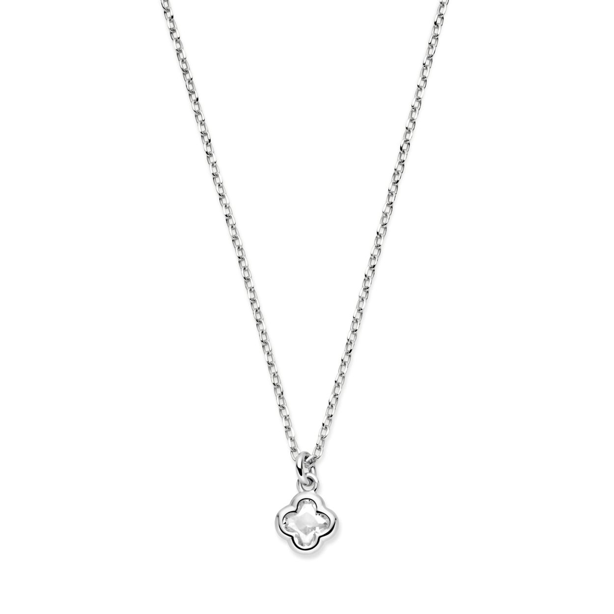 Gerhodineerd 925 zilveren collier uitgevoerd met bloem en zirkonia. Het collier heeft een draaglengte van 41cm met 4cm extensie. Uitgevoerd met karabijn sluiting. De schakelbreedte is 1.1mm.