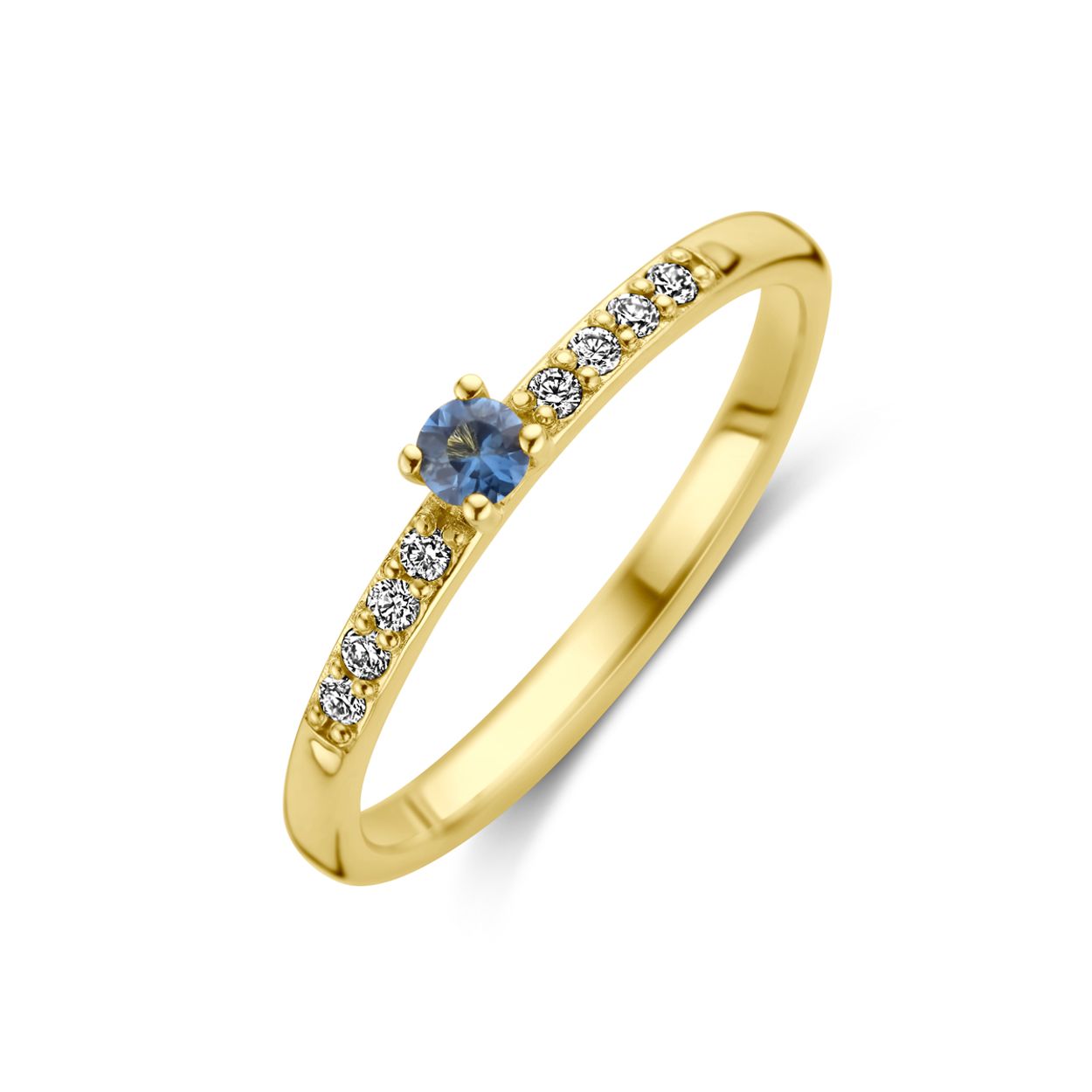 14k Geelgouden ring uitgevoerd met blauw groen saffier en diamant. De saffier heeft een diameter van 3mm en het diamantgewicht is 0.08ct.