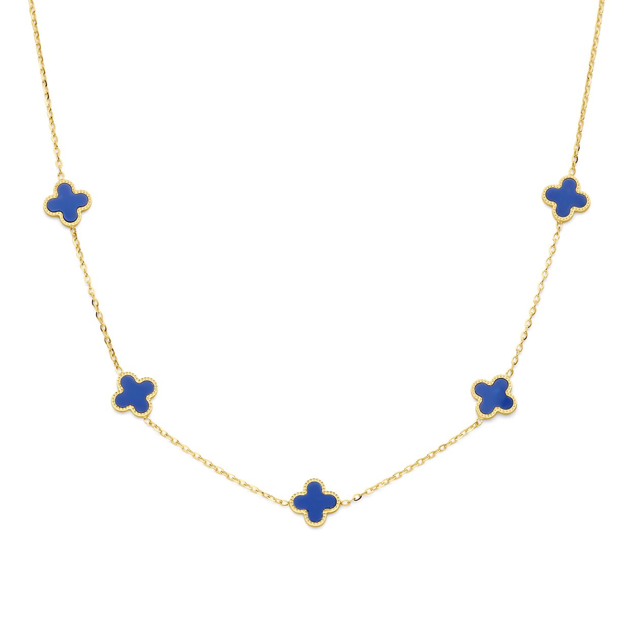 14k Geelgouden collier uitgevoerd met een bloem, lapis en een karabijn sluiting. Het collier heeft draaglengtes van 42, 44 en 46cm. De schakelbreedte is 1.4mm.