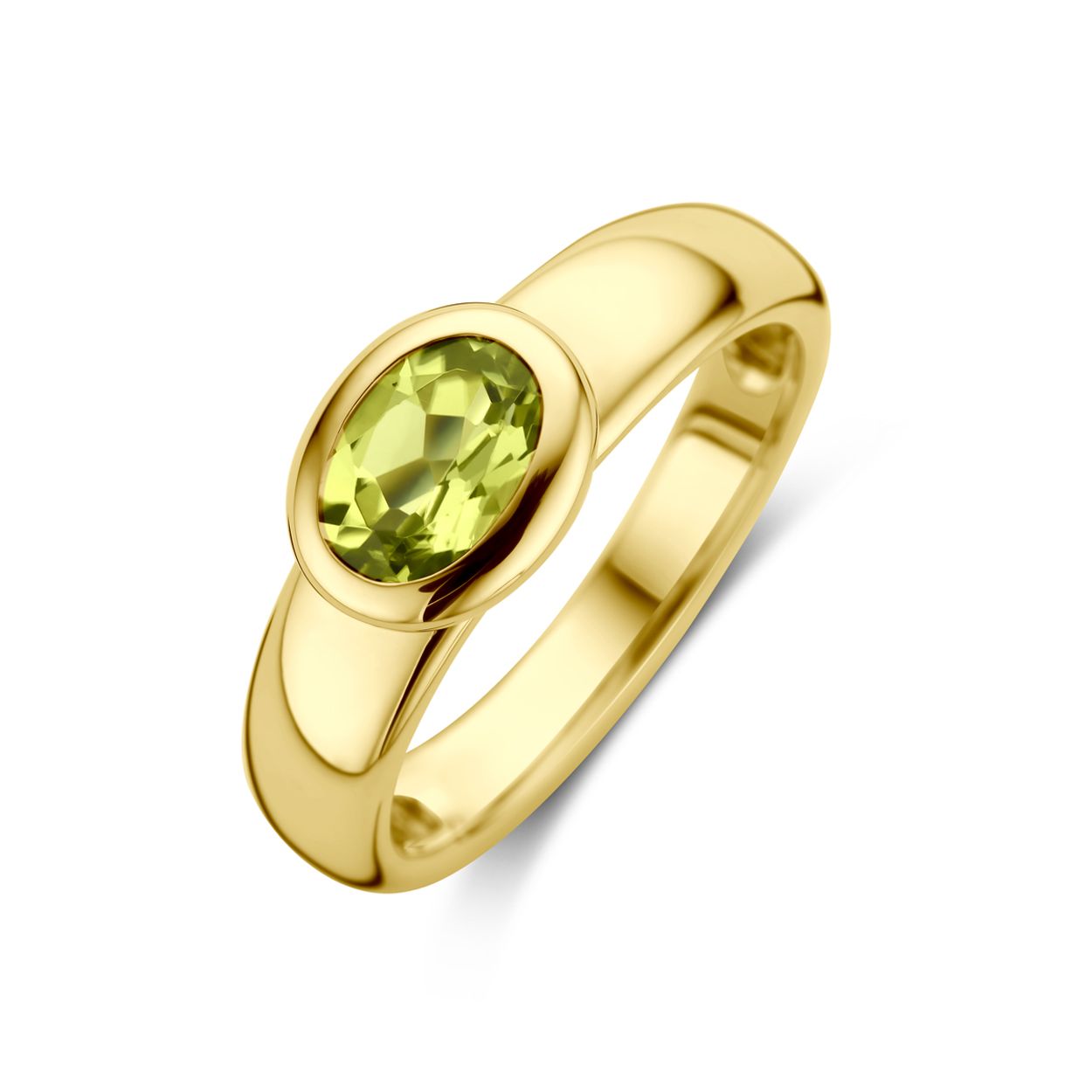 14k Geelgouden ring uitgevoerd met peridot. De ring heeft een afmeting van 7.5x9mm.