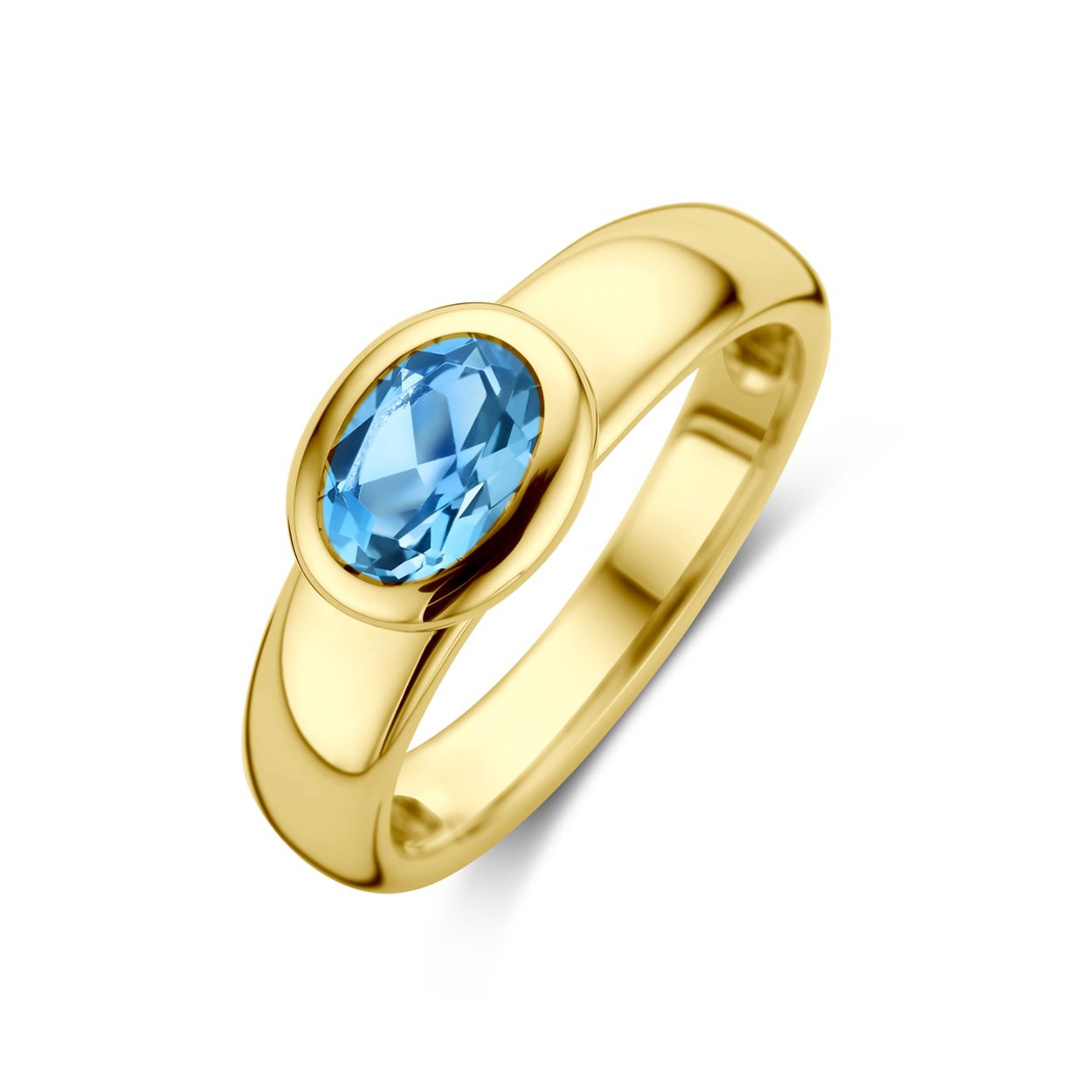 14 karaats geelgouden ring met een blauwe topaas.